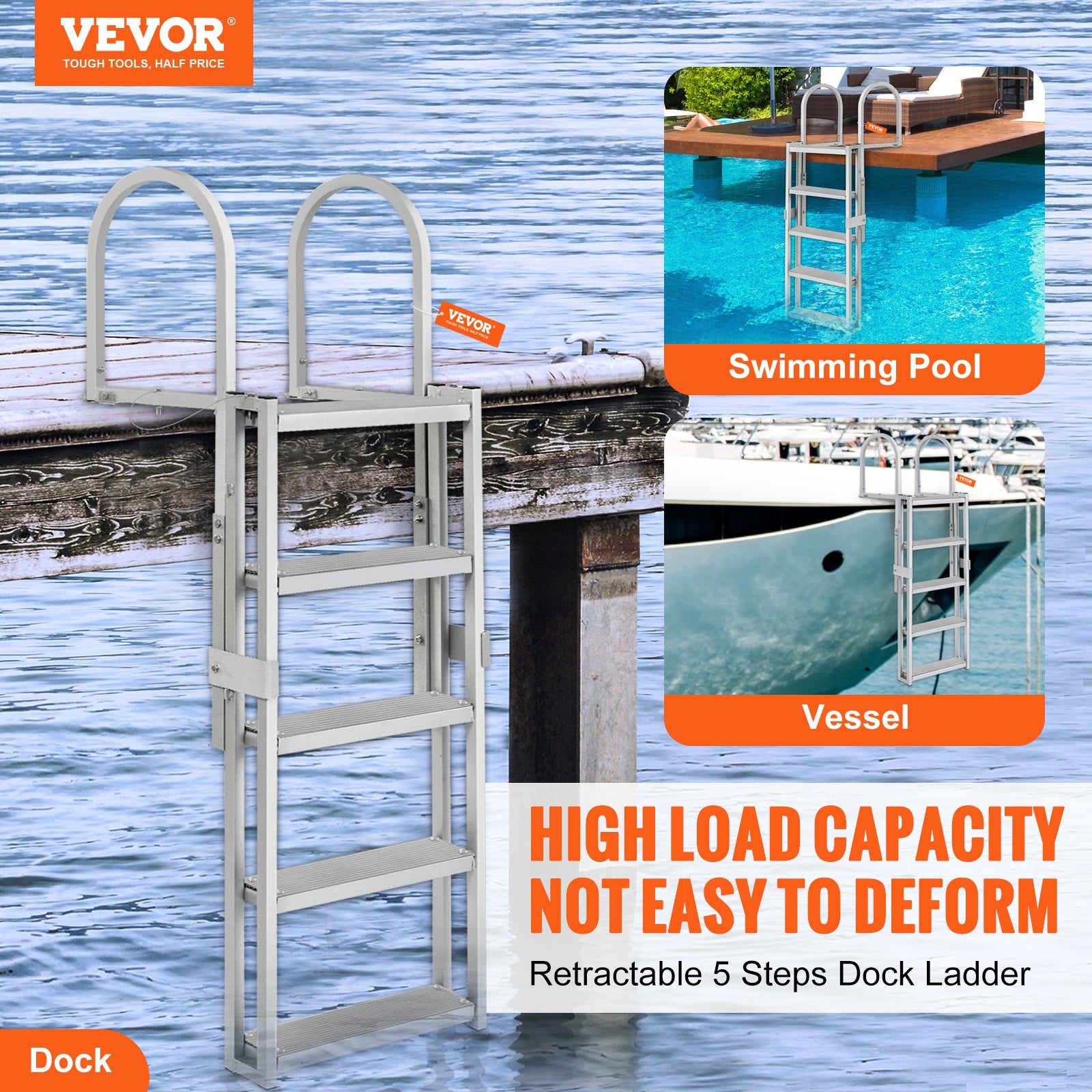 Dock Ladder, Retractable 5 Steps, 350 lbs Load Capacity, Aluminum Alloy Pontoon Boat Ladder with V952-MTZTSSSWJFHXJQFTNV0
