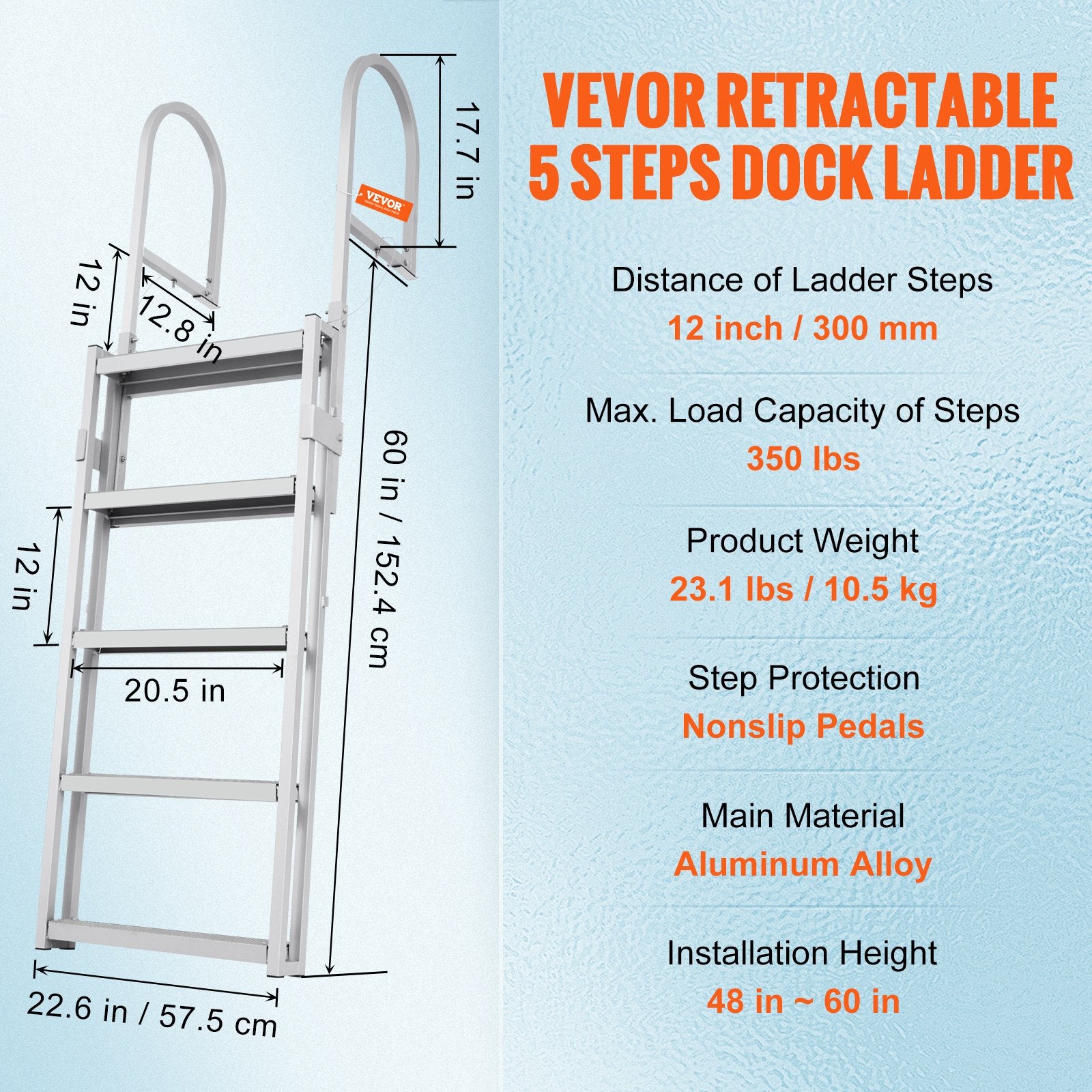 Dock Ladder, Retractable 5 Steps, 350 lbs Load Capacity, Aluminum Alloy Pontoon Boat Ladder with V952-MTZTSSSWJFHXJQFTNV0