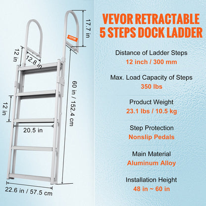 Dock Ladder, Retractable 5 Steps, 350 lbs Load Capacity, Aluminum Alloy Pontoon Boat Ladder with V952-MTZTSSSWJFHXJQFTNV0