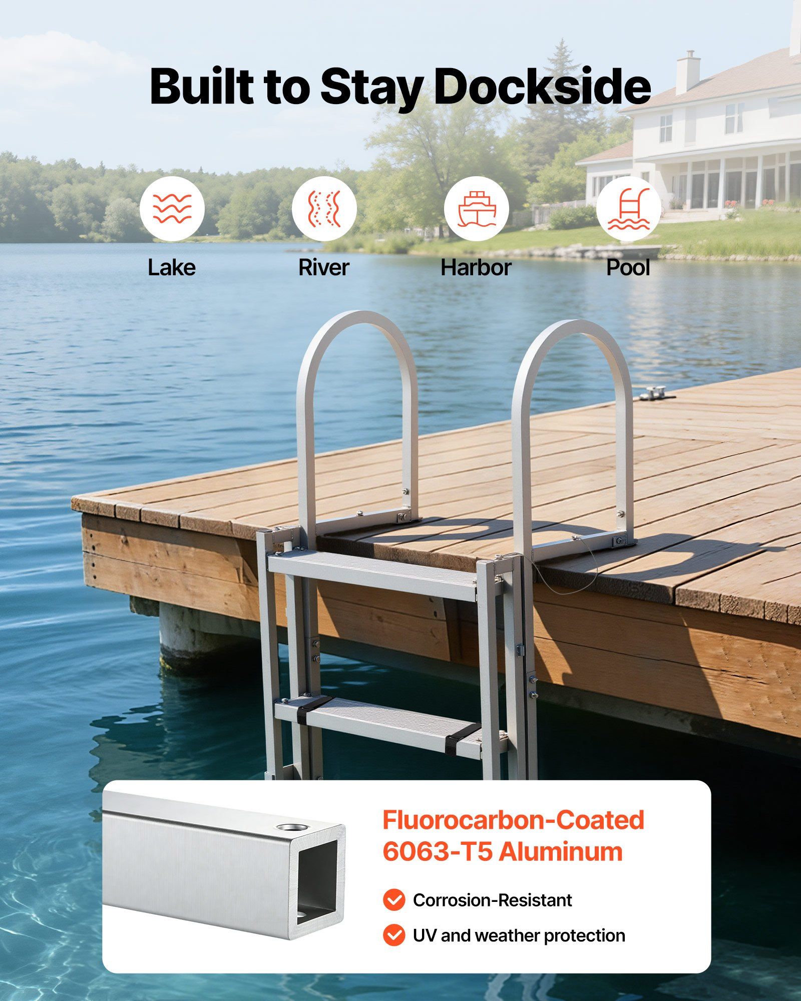 Retractable Dock Ladder, 5 Steps, Aluminum Alloy Pontoon Boat Swim Ladder, with Non-Slip Wide Steps, 159 kg V952-MTZTSSSWPJ356MH3V001V0