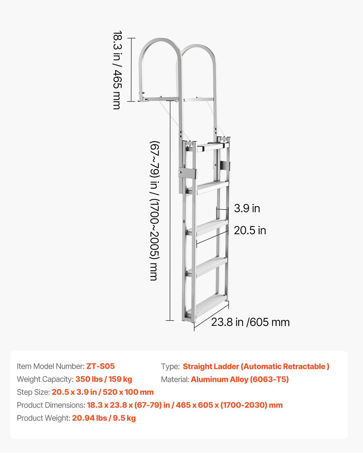 Retractable Dock Ladder, 5 Steps, Aluminum Alloy Pontoon Boat Swim Ladder, with Non-Slip Wide Steps, 159 kg V952-MTZTSSSWPJ356MH3V001V0