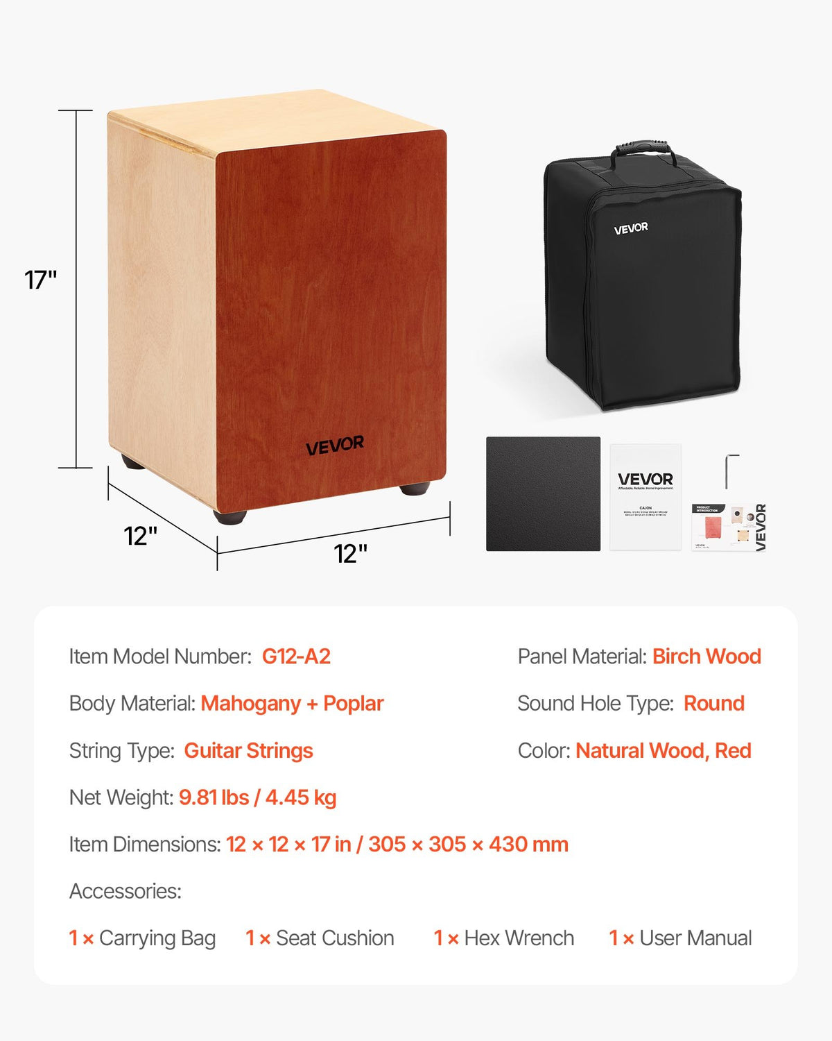 Cajon Box Drum, with Internal Guitar Strings, Lightweight Wooden Percussion Box, Portable Birch Wood Drum V952-MXGCGKJTXDBXXFWY8001V0
