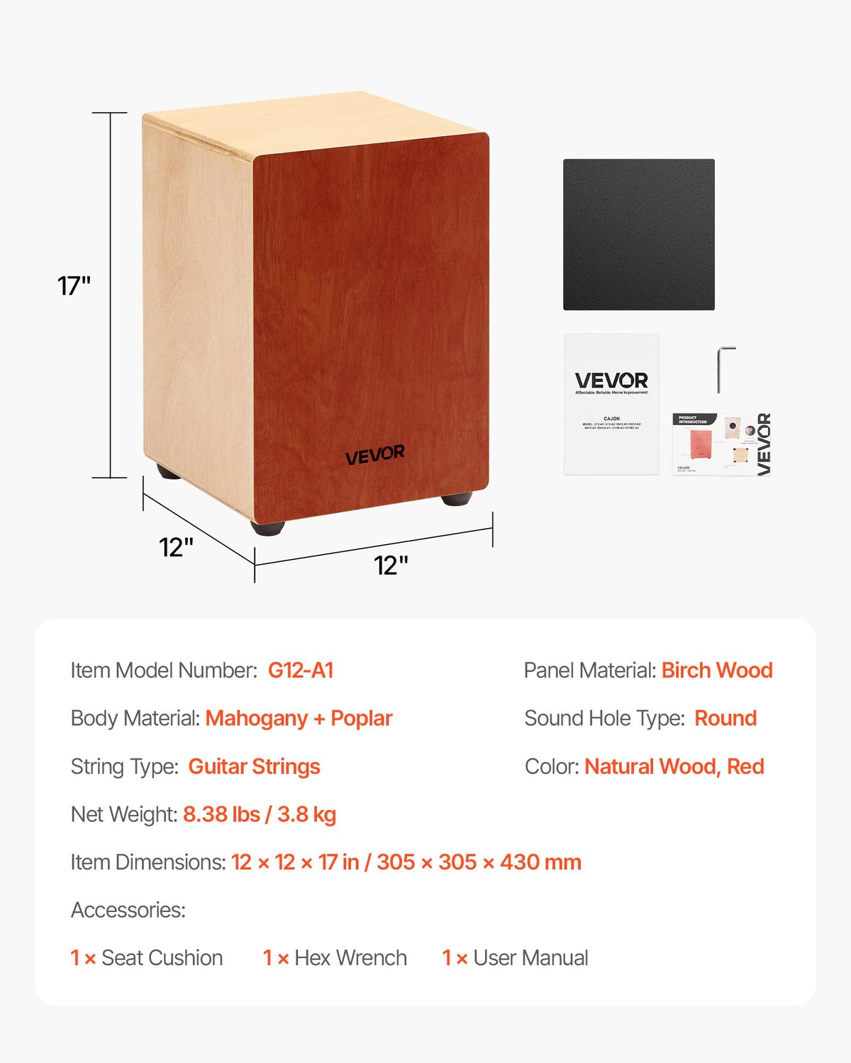 Cajon Box Drum, with Internal Guitar Strings, Lightweight Wooden Percussion Box, Portable Birch Wood Drum V952-MXGCGKJTXWBXZSUG4001V0