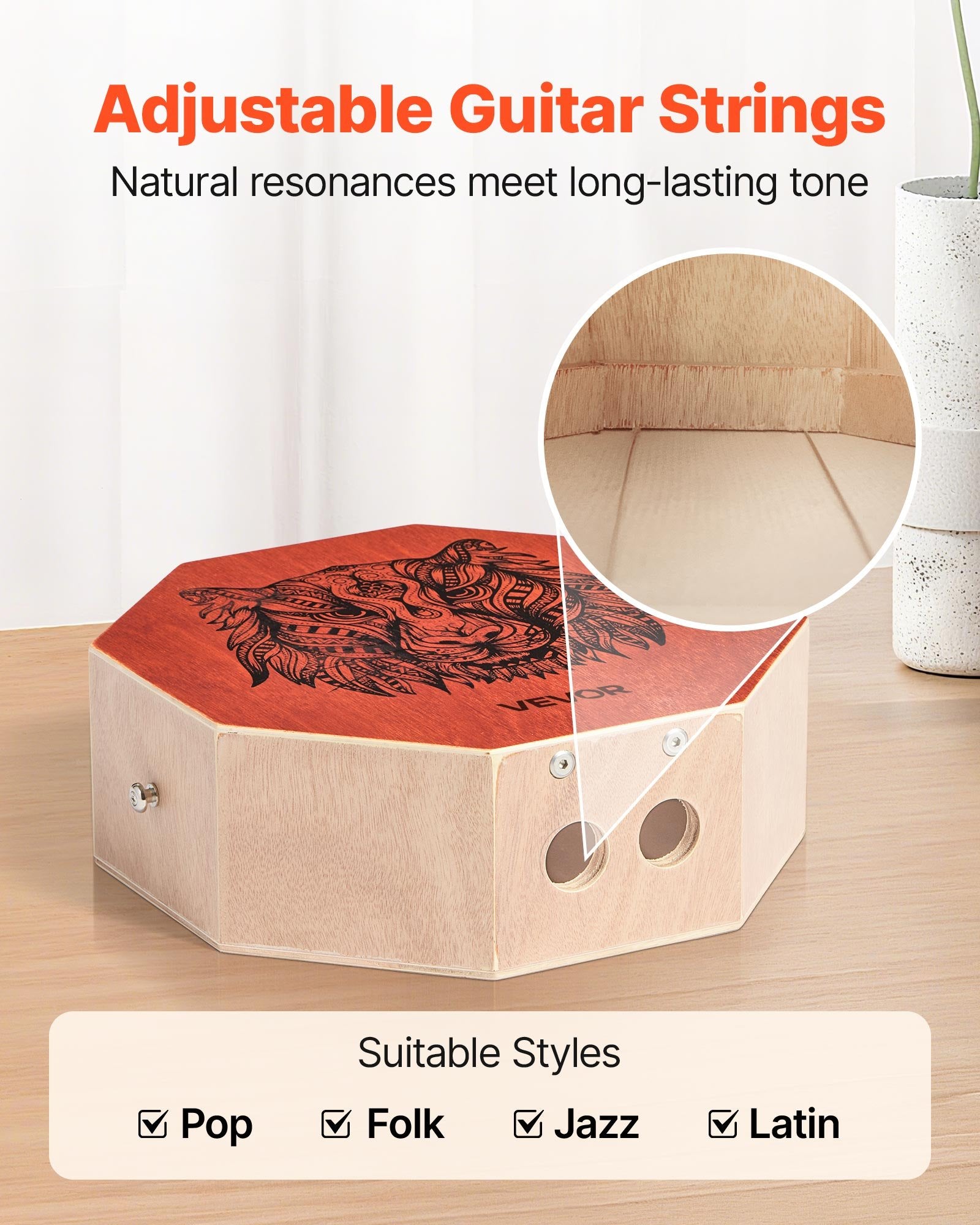 Unique Cajon Box Drum, with Internal Guitar Strings, Portable Wooden Percussion Box, Birch Wood Drum Musical V952-MXGLJKJTXHBDFULZ7001V0