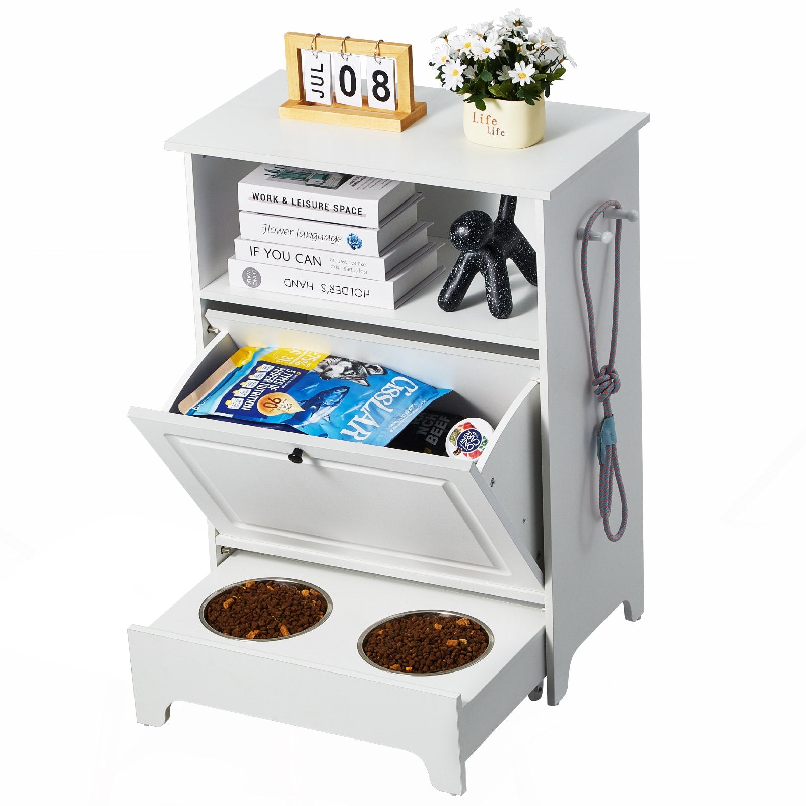 Pet Feeding Station w/ 2 Elevated Dog Bowls Dog Food & Toy Storage Cabinet V952-MZCWHSWJ24YC6P61XV0