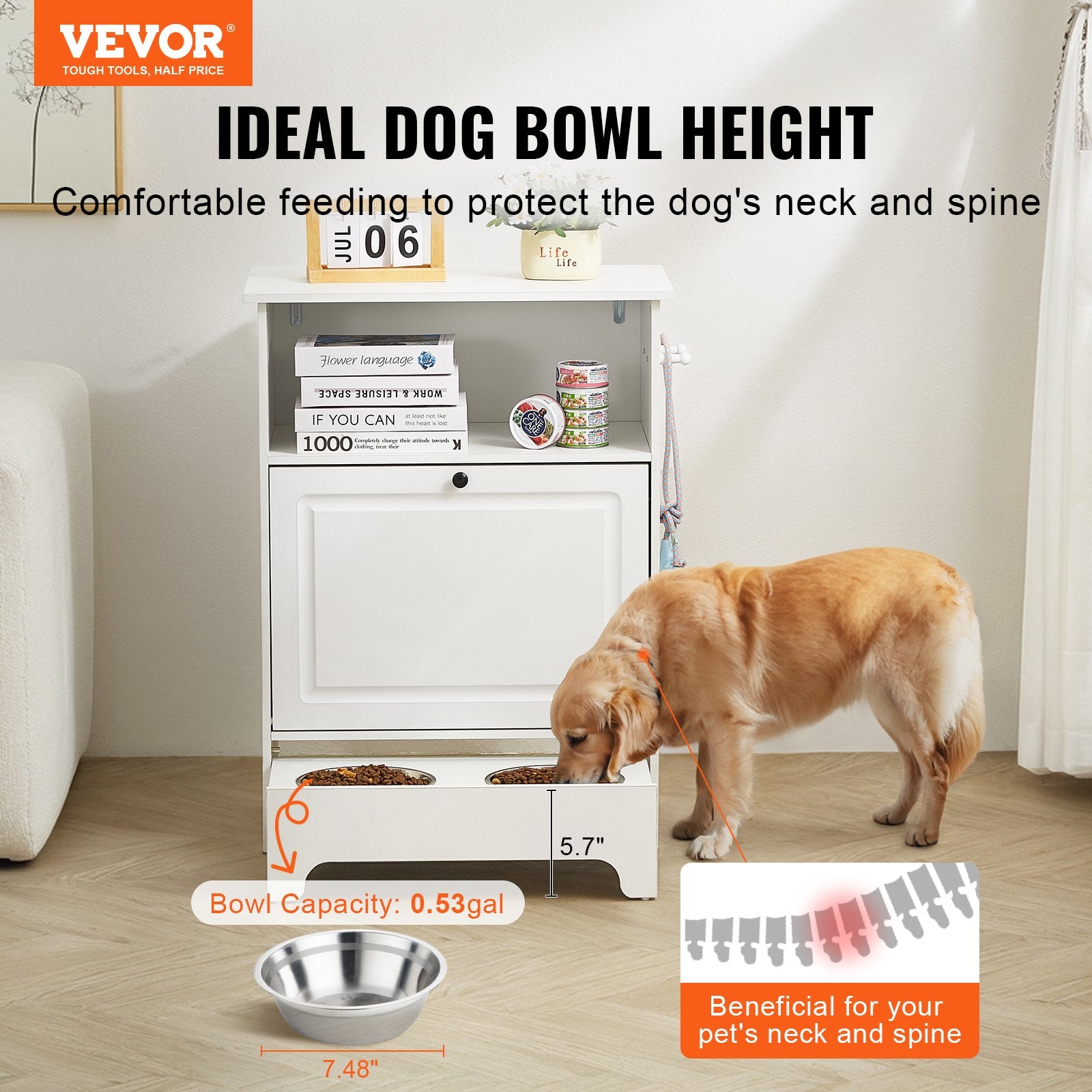 Pet Feeding Station w/ 2 Elevated Dog Bowls Dog Food & Toy Storage Cabinet V952-MZCWHSWJ24YC6P61XV0