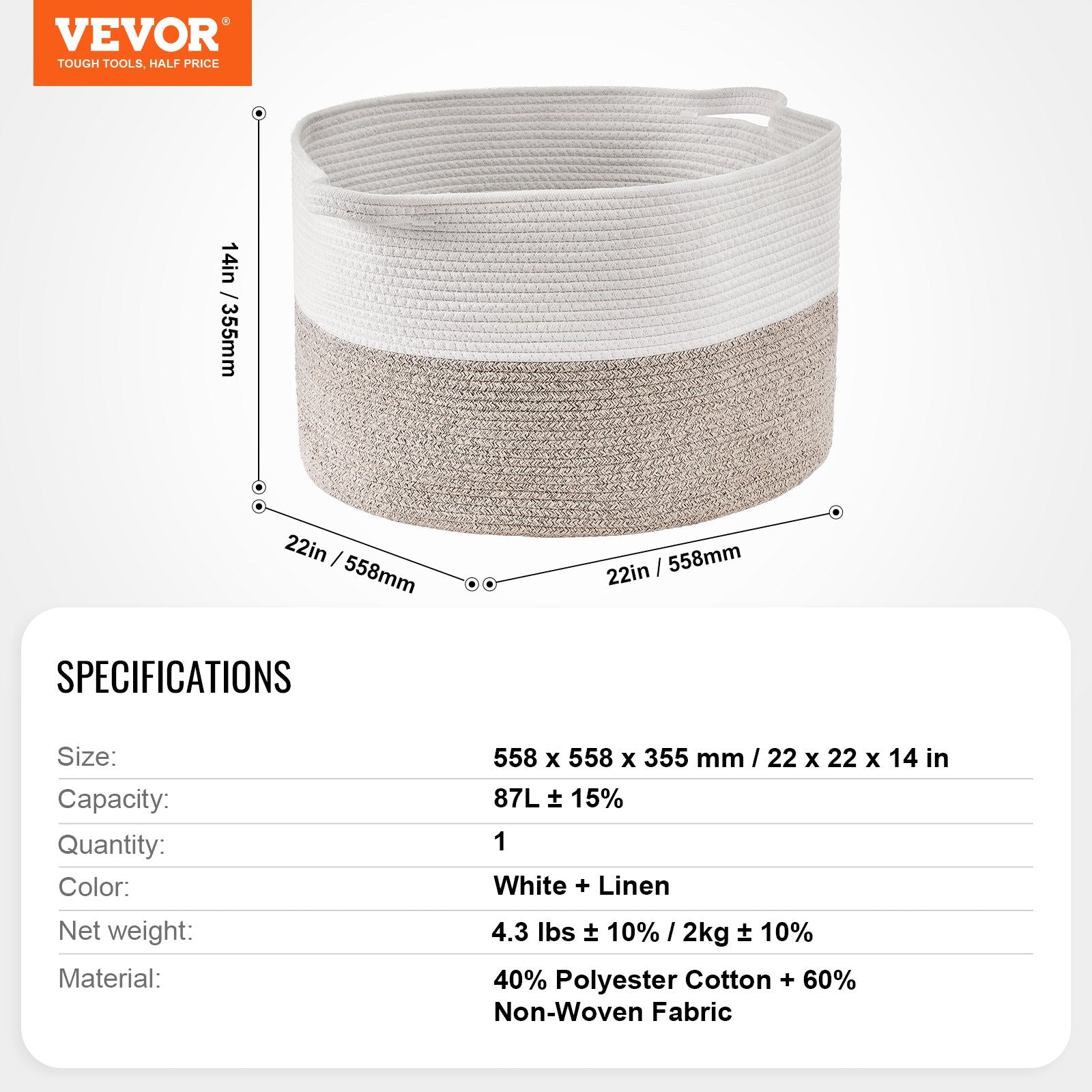 Cotton Rope Storage Basket 87L Woven Blanket Basket 20 x 20 x 14 in V952-MZCWLYZTL22W2SO26V0