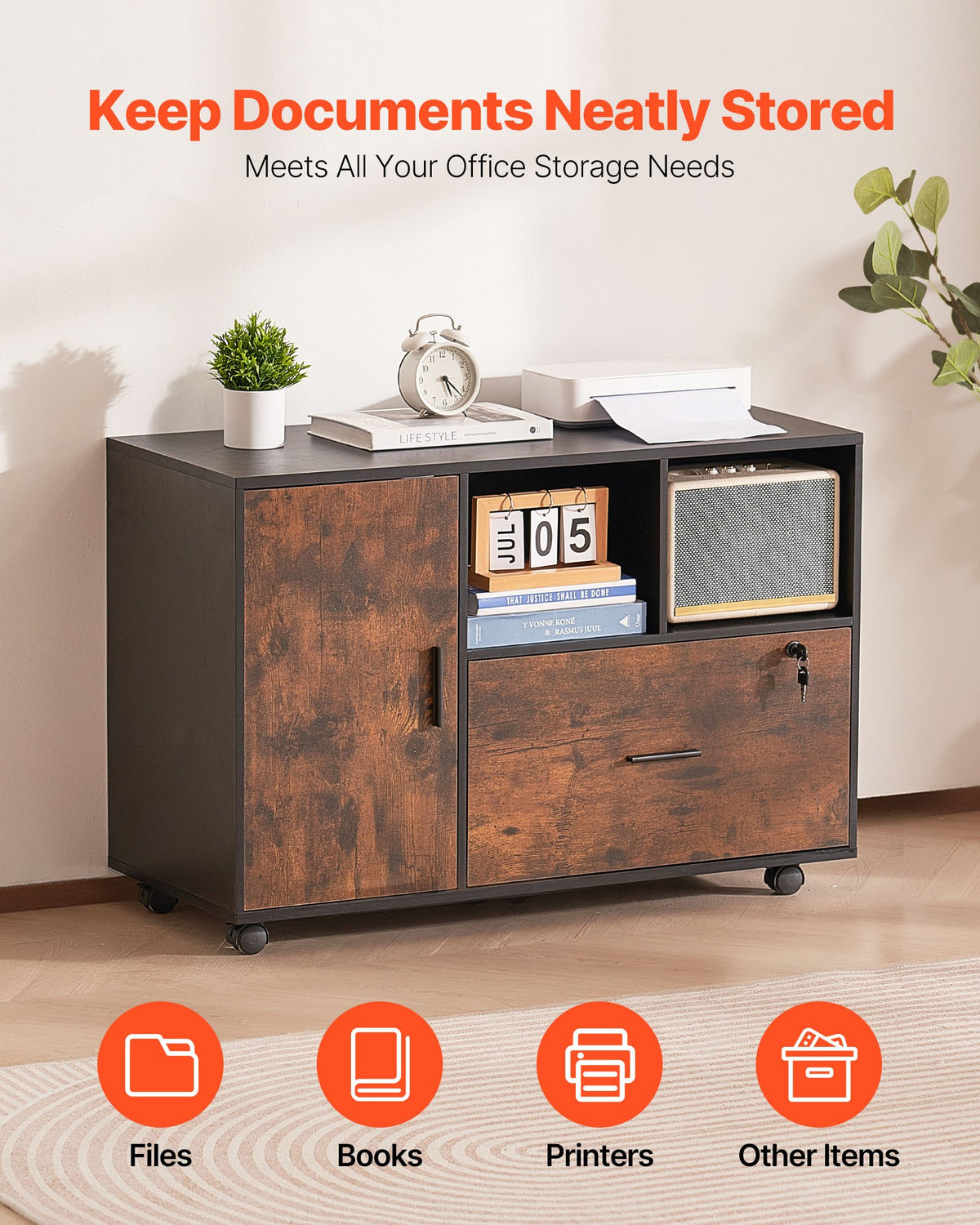 Wood File Cabinet Lockable Mobile Filing Cabinet Open Shelves Rustic Brown V952-MZHXWJJHSZSDBRJA5001V0