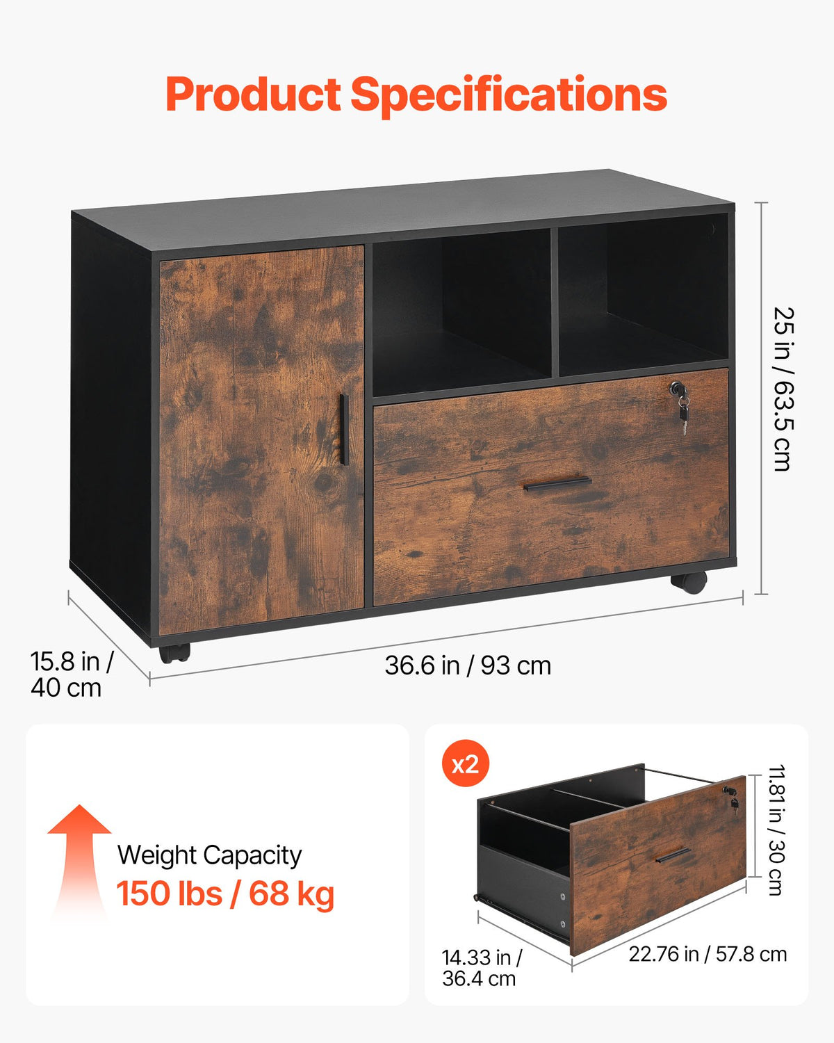 Wood File Cabinet Lockable Mobile Filing Cabinet Open Shelves Rustic Brown V952-MZHXWJJHSZSDBRJA5001V0