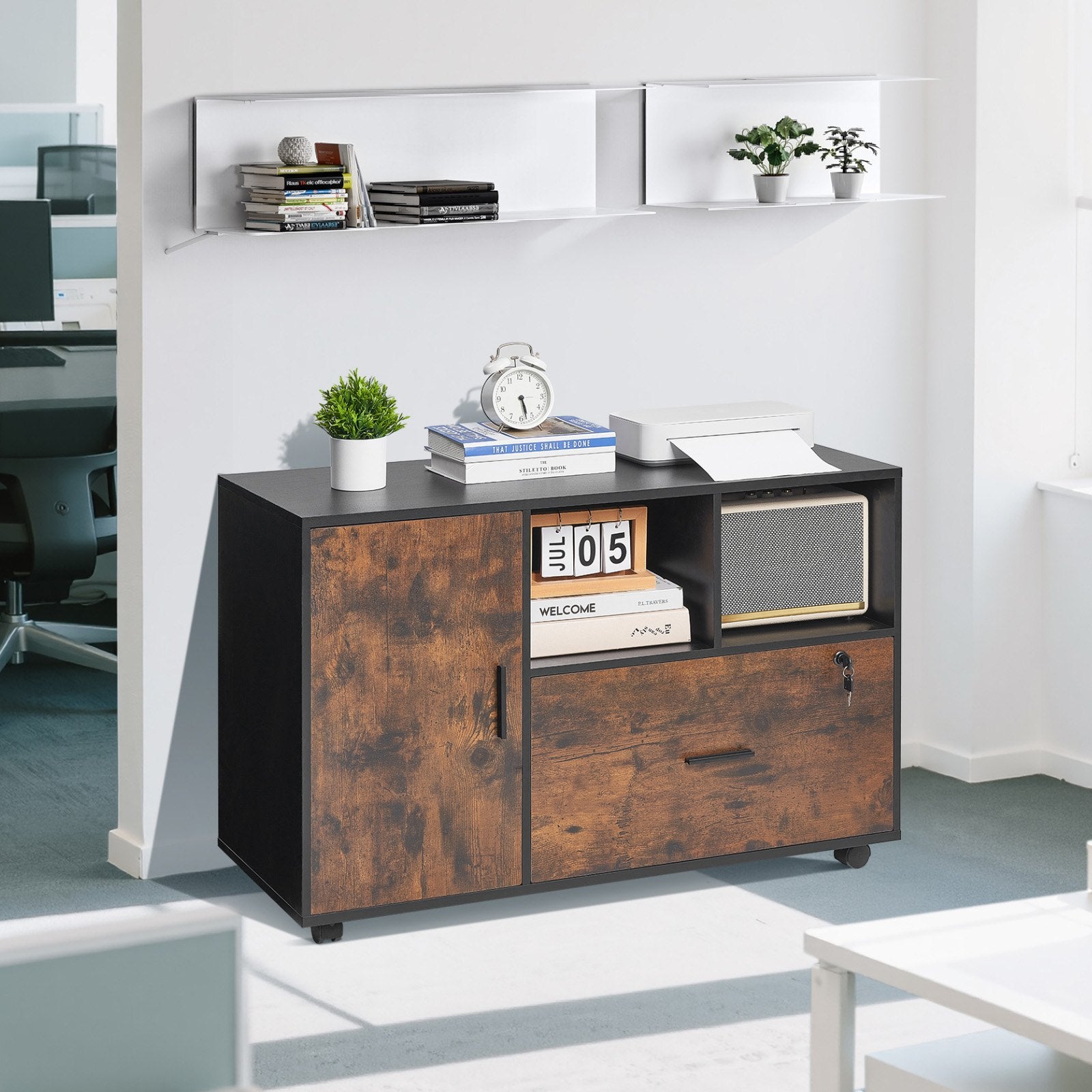Wood File Cabinet Lockable Mobile Filing Cabinet Open Shelves Rustic Brown V952-MZHXWJJHSZSDBRJA5001V0