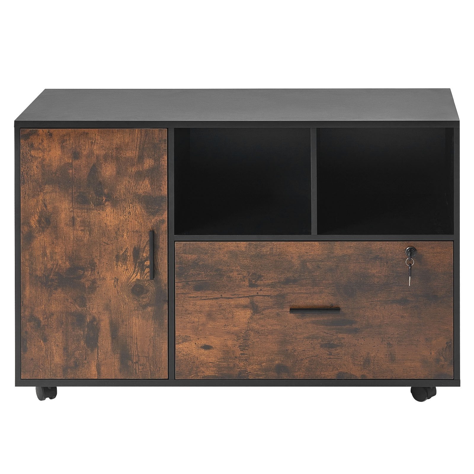 Wood File Cabinet Lockable Mobile Filing Cabinet Open Shelves Rustic Brown V952-MZHXWJJHSZSDBRJA5001V0