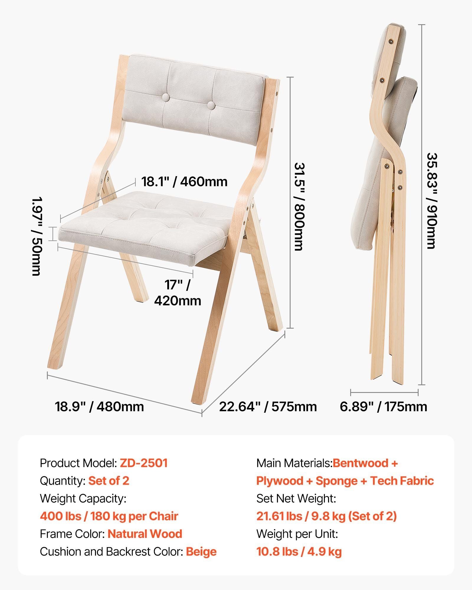 Wooden Folding Chairs with Cushion, Set of 2, Portable Foldable Cushion Chair with Wooden Frame, Modern V952-MZHZZZDYXDFBPPPME001V0