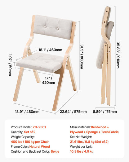 Wooden Folding Chairs with Cushion, Set of 2, Portable Foldable Cushion Chair with Wooden Frame, Modern V952-MZHZZZDYXDFBPPPME001V0