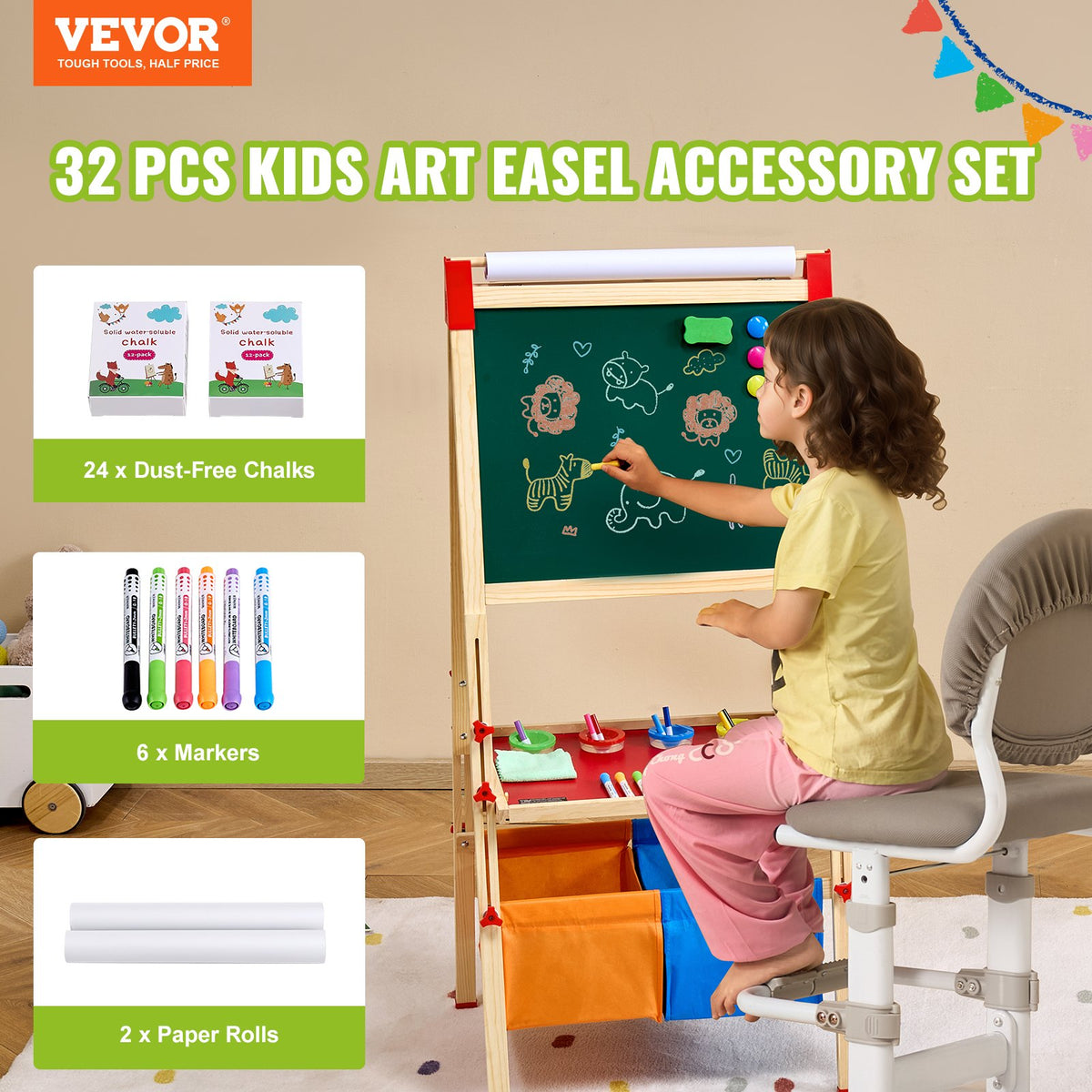 Easel Accessory Set Chalk & Markers & Paper Rolls 32PCS for Standing Easel V952-MZKETHJPJBBH0DQ35V0