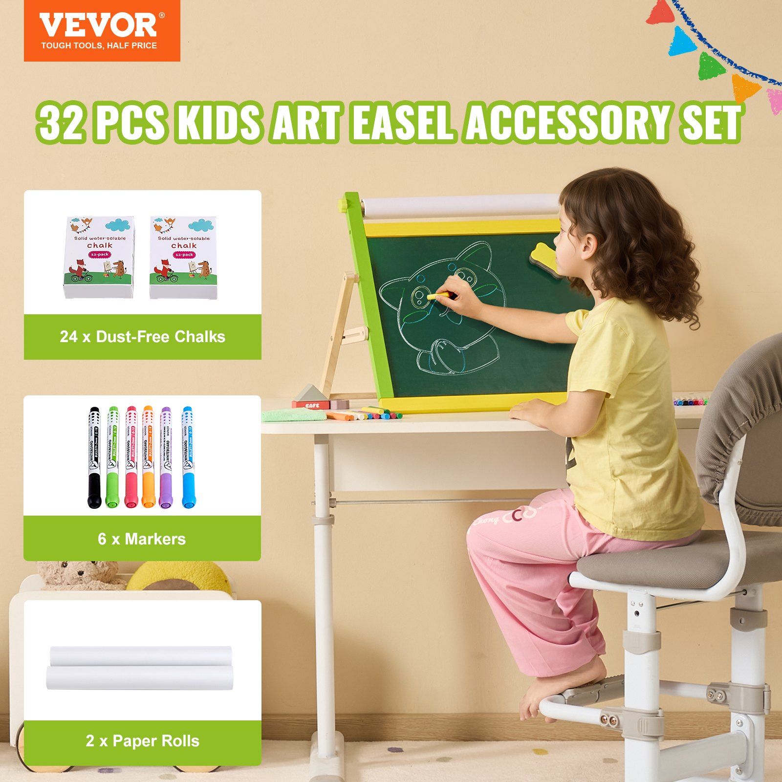 Easel Accessory Set, 32 PCS Kid's Art Easel Painting Kit Including Chalks, Dry-Erase Markers & Paper Rolls, V952-MZKETHJPJBBHOR8HNV0