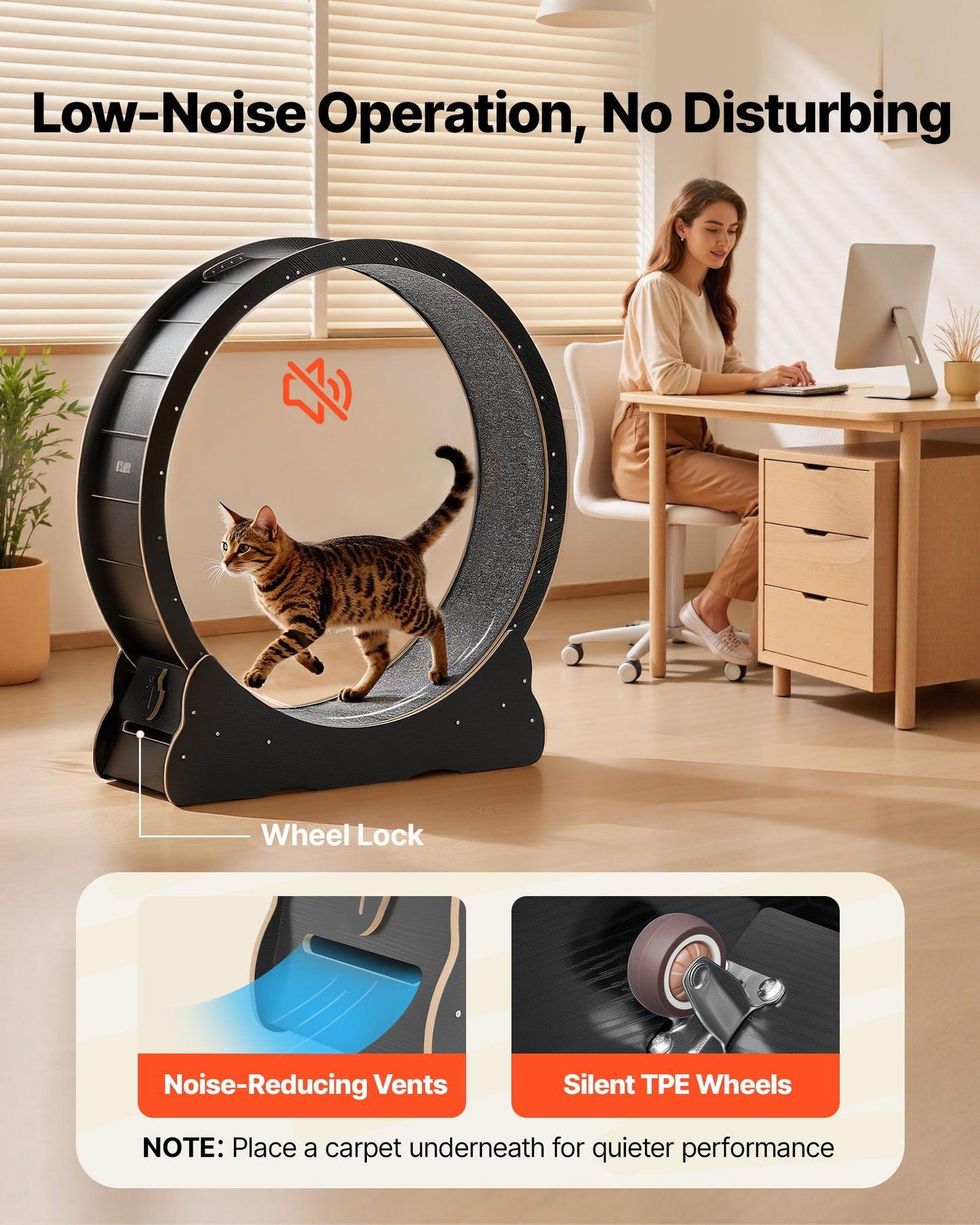 Cat Exercise Wheel, 120 cm Wooden Cat Running Wheel for Indoor Cats up to 12.7 kg, Cats Treadmill with V952-MZMPBJLHSMDB3N5ZN001V0