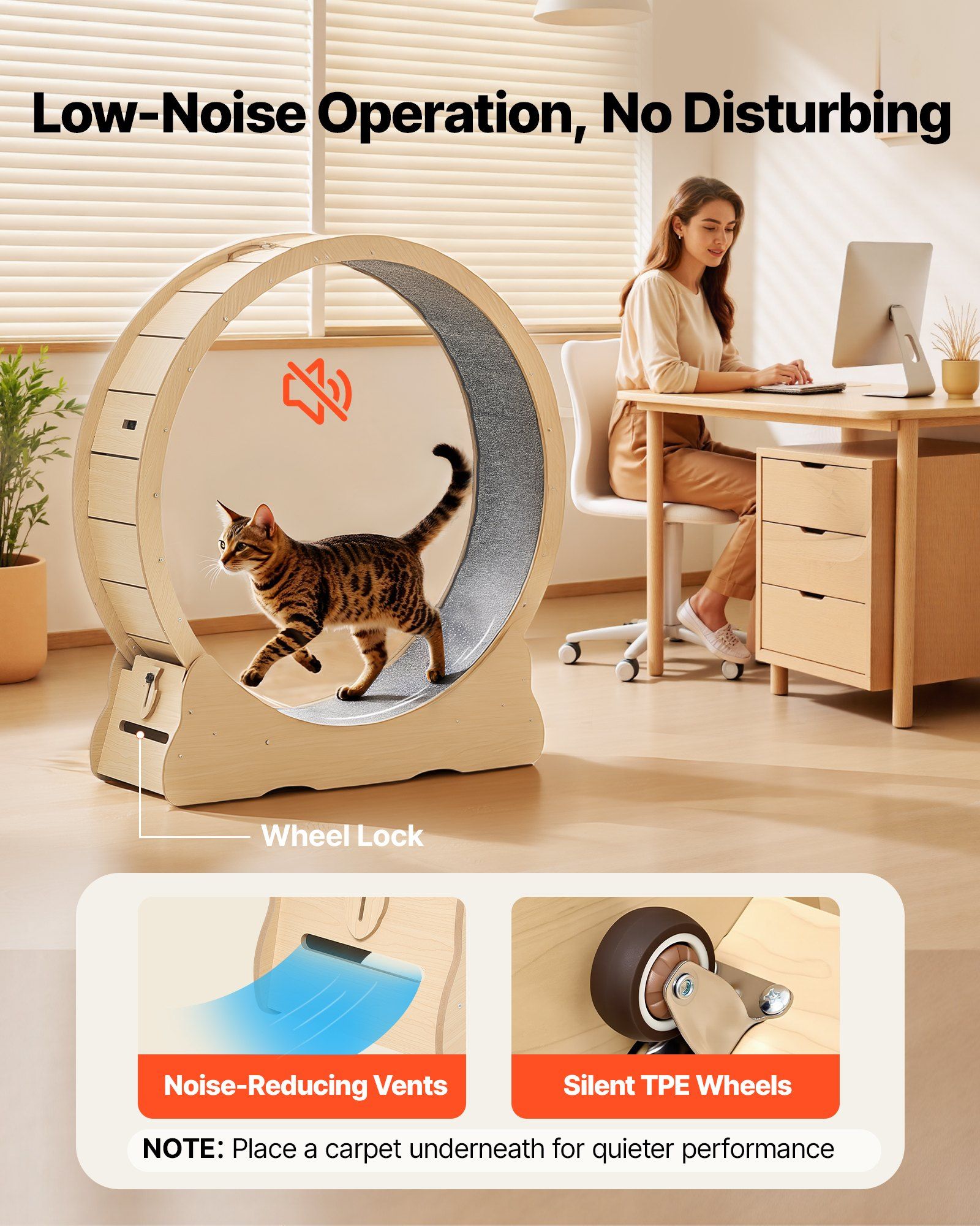Cat Exercise Wheel, 120cm Wooden Cat Running Wheel for Indoor Cats up to 12.7kg Cats Treadmill with Carpeted V952-MZMPBJMWSMDB3W6JK001V0