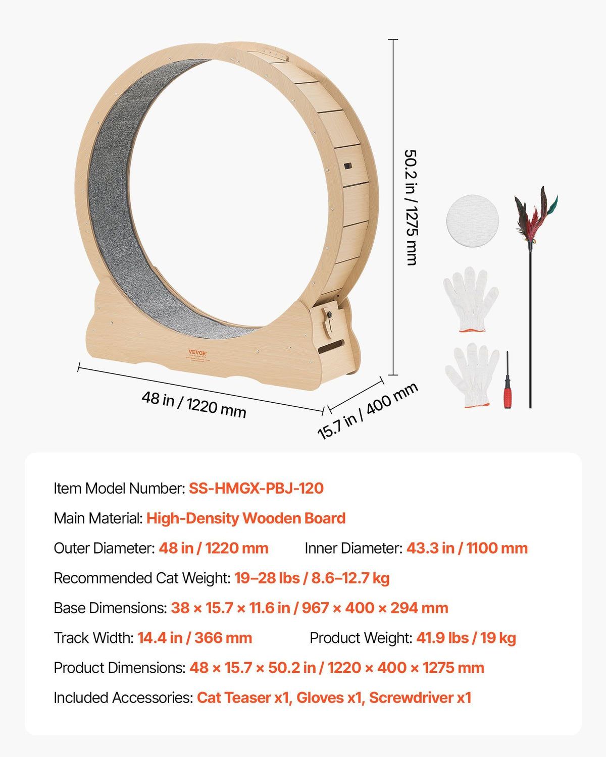 Cat Exercise Wheel, 120cm Wooden Cat Running Wheel for Indoor Cats up to 12.7kg Cats Treadmill with Carpeted V952-MZMPBJMWSMDB3W6JK001V0