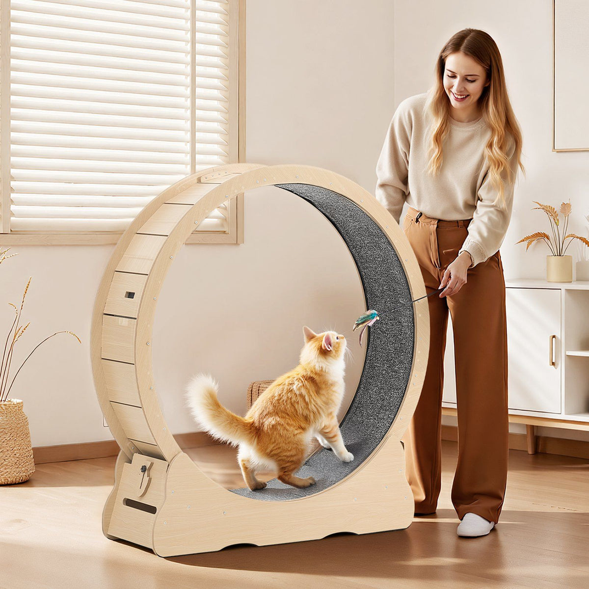 Cat Exercise Wheel, 120cm Wooden Cat Running Wheel for Indoor Cats up to 12.7kg Cats Treadmill with Carpeted V952-MZMPBJMWSMDB3W6JK001V0