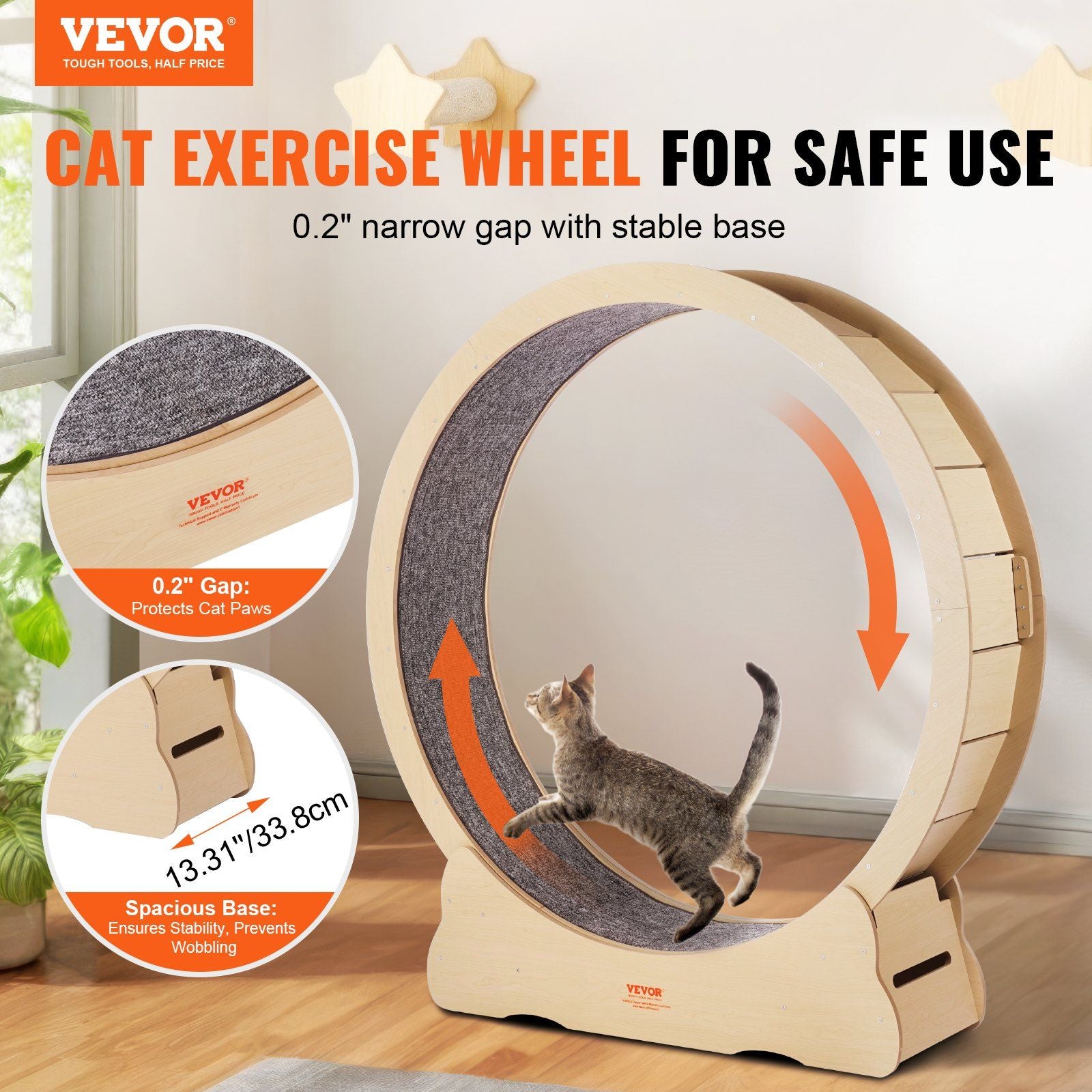 Wooden Cat Exercise Wheel, 1320mm Large Cat Treadmill Wheel for Indoor Cats, Cat Running Wheel with V952-MZMPBJYMSMDBJ1EXWV0