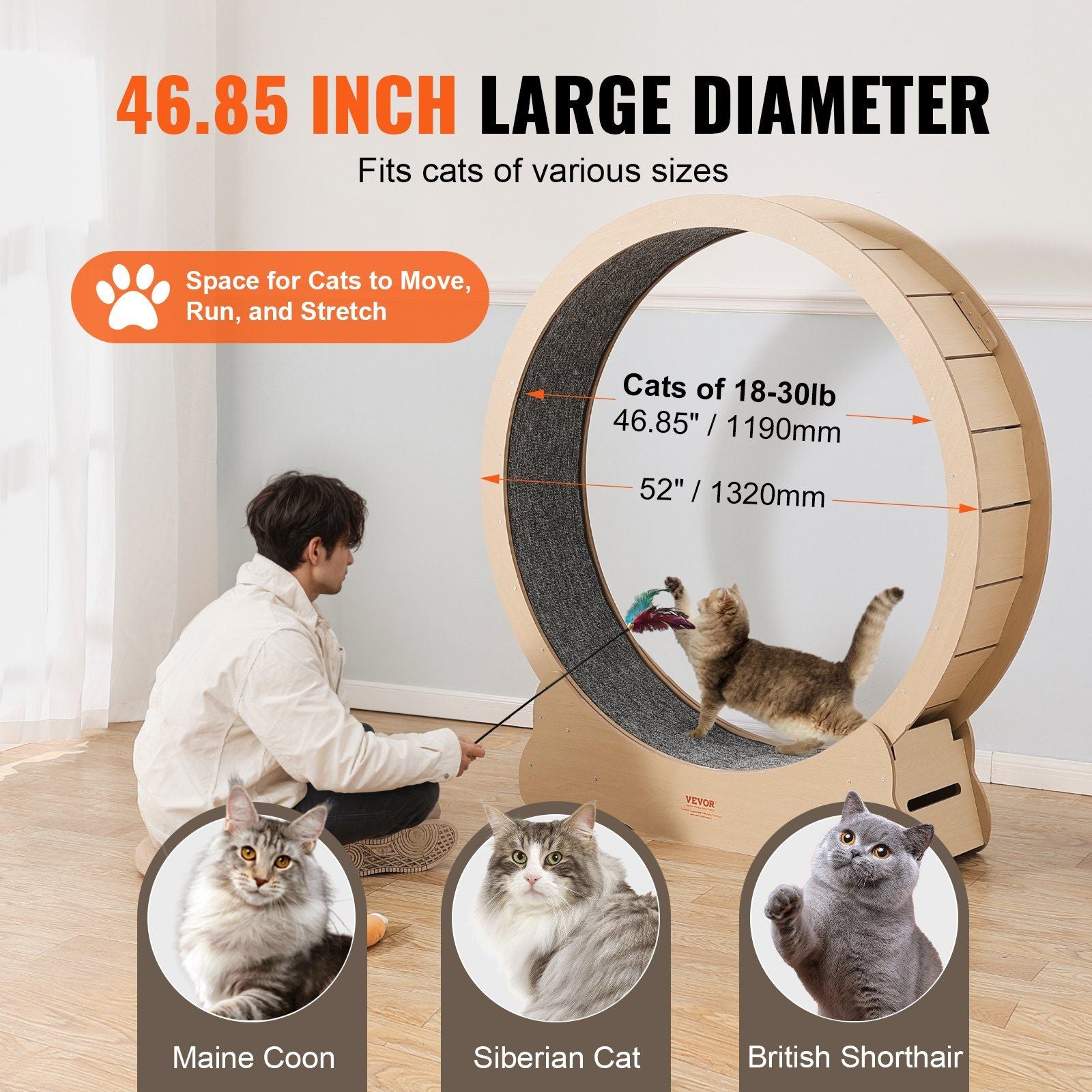 Wooden Cat Exercise Wheel, 1320mm Large Cat Treadmill Wheel for Indoor Cats, Cat Running Wheel with V952-MZMPBJYMSMDBJ1EXWV0