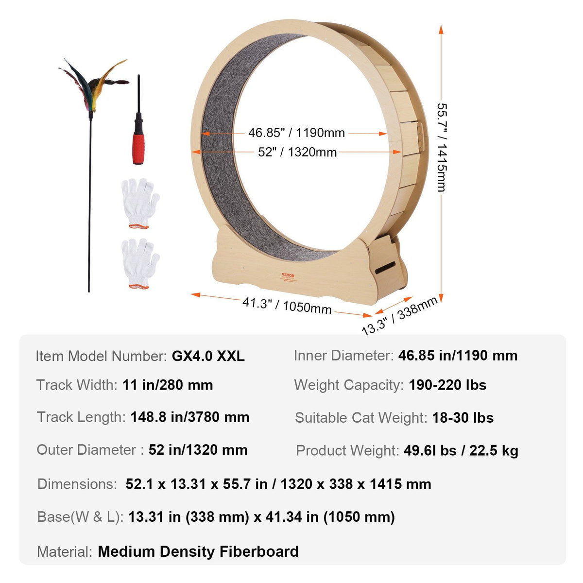 Wooden Cat Exercise Wheel, 1320mm Large Cat Treadmill Wheel for Indoor Cats, Cat Running Wheel with V952-MZMPBJYMSMDBJ1EXWV0