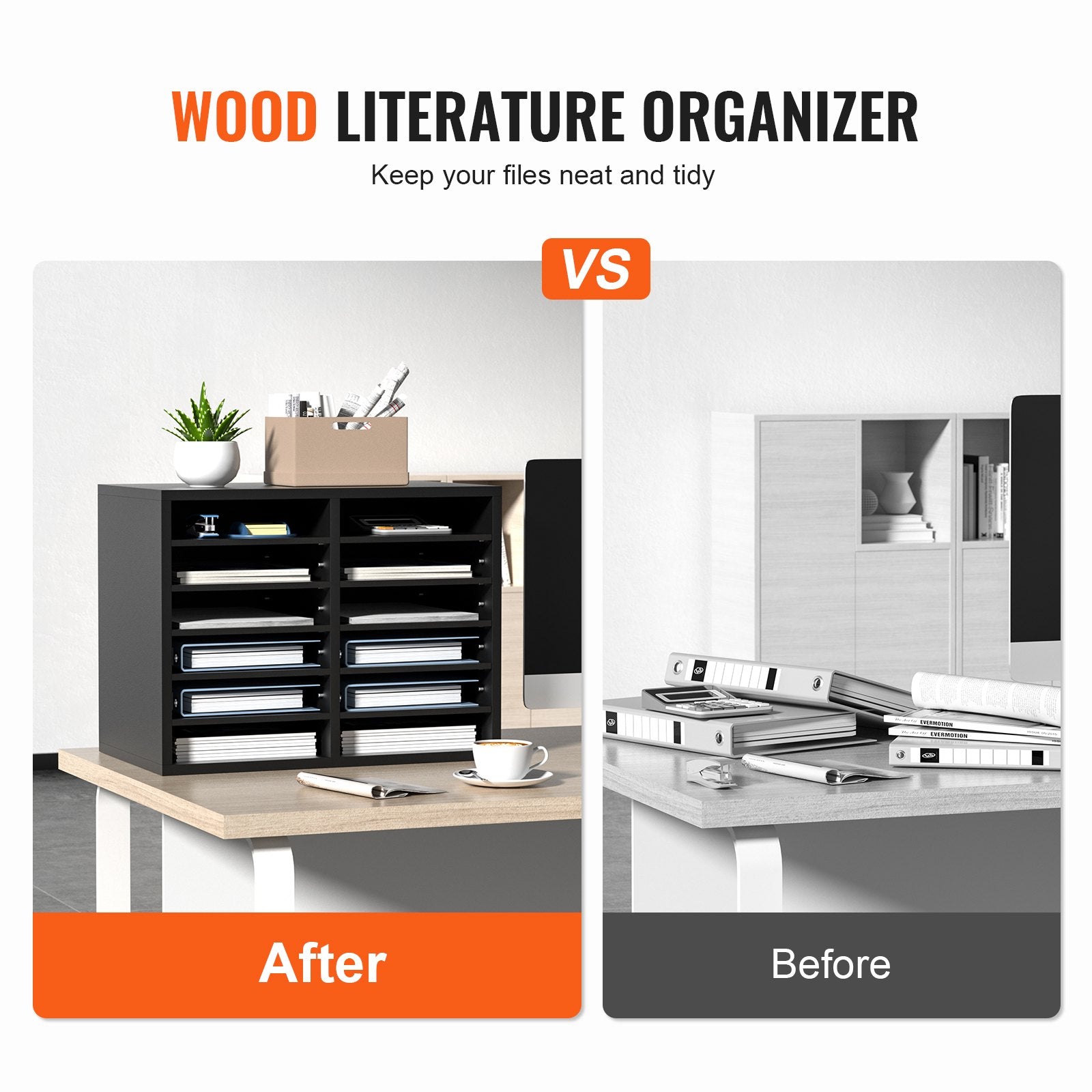Wood Literature Organizer Adjustable File Sorter 12 Compartments Black V952-MZWJZLFPJBH12855MV0