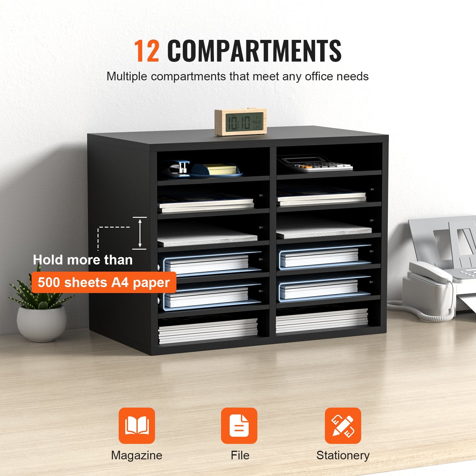Wood Literature Organizer Adjustable File Sorter 12 Compartments Black V952-MZWJZLFPJBH12855MV0