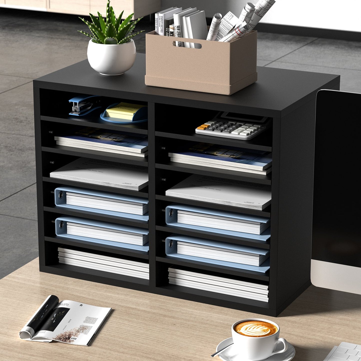 Wood Literature Organizer Adjustable File Sorter 12 Compartments Black V952-MZWJZLFPJBH12855MV0