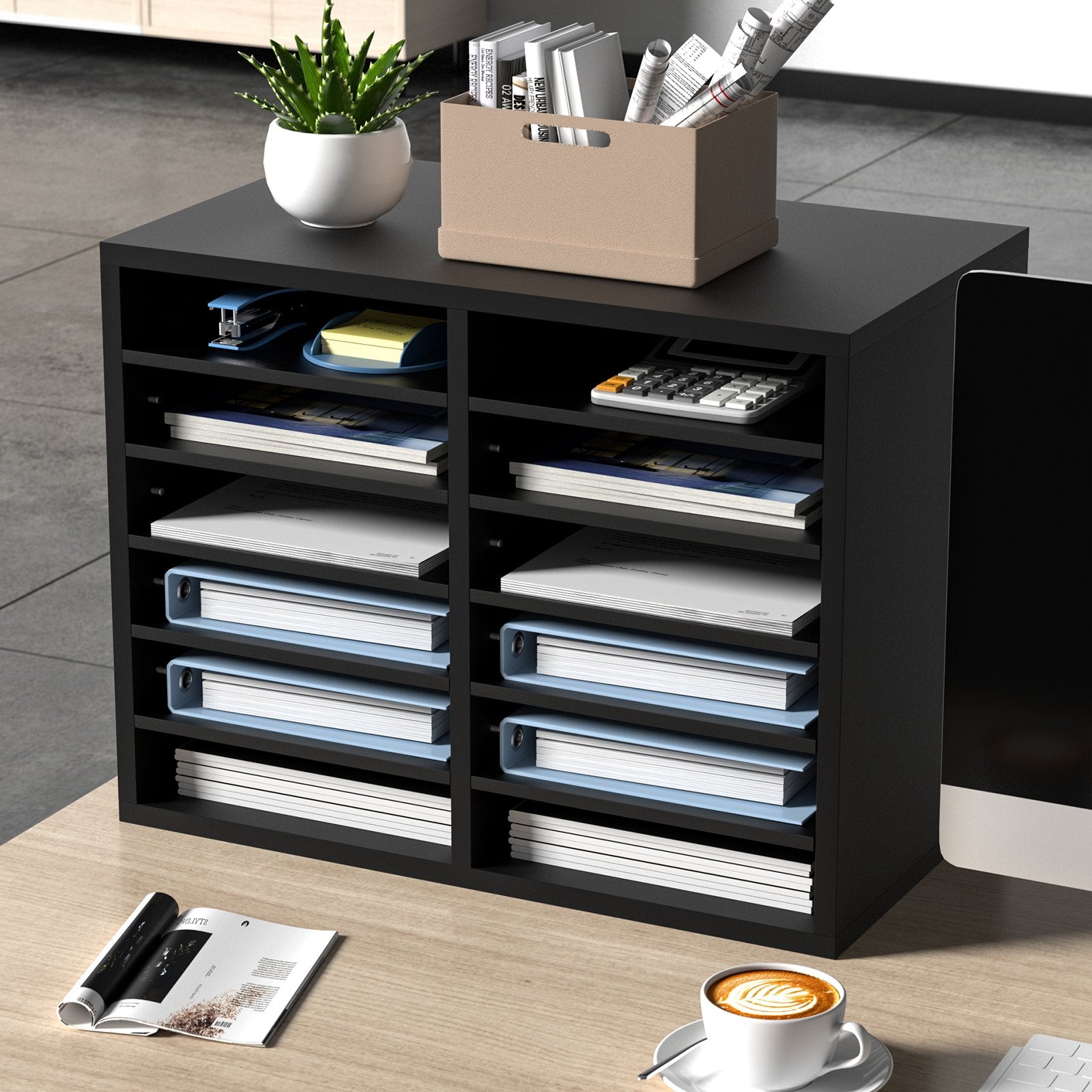 Wood Literature Organizer Adjustable File Sorter 12 Compartments Black V952-MZWJZLFPJBH12855MV0