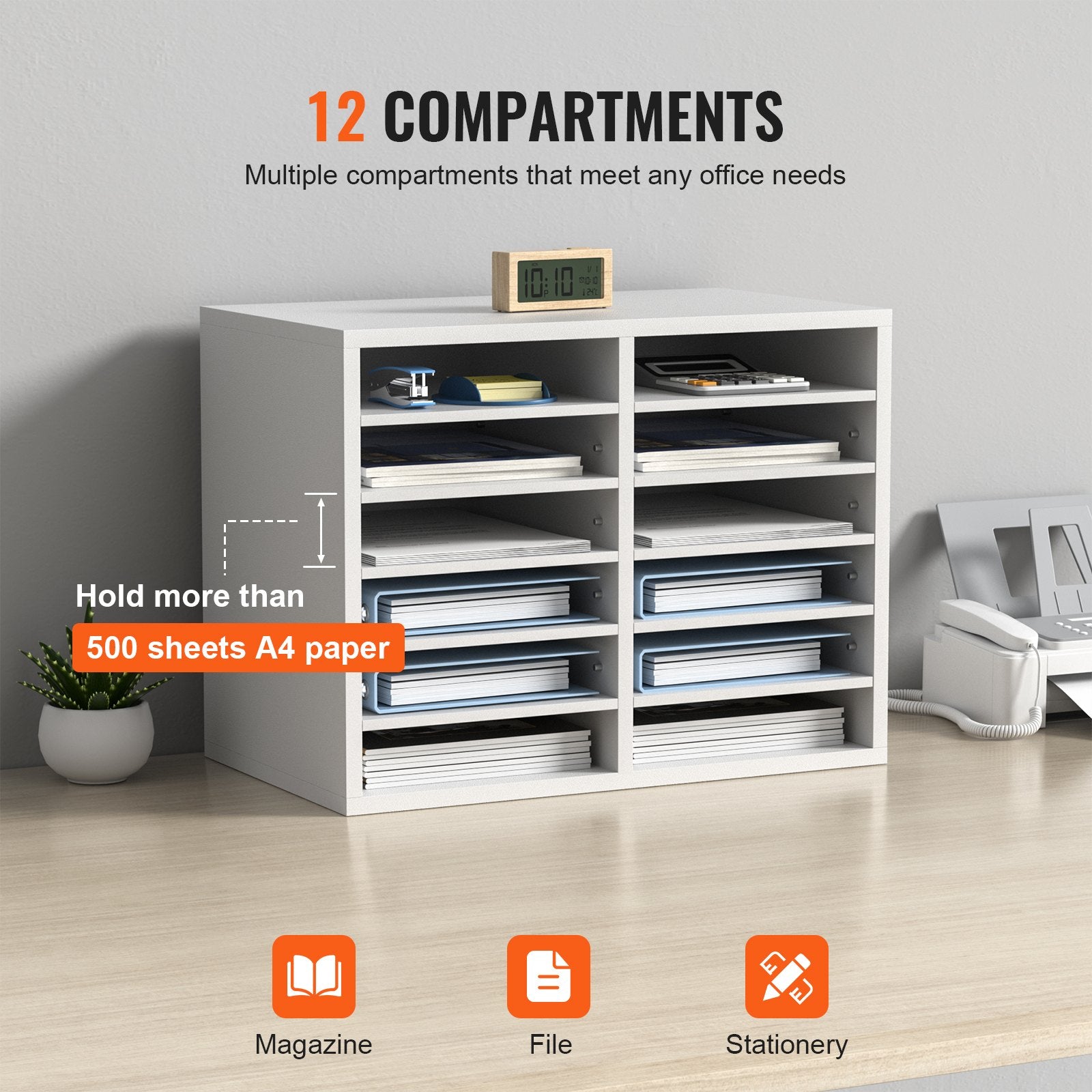 Wood Literature Organizer Adjustable File Sorter 12 Compartments White V952-MZWJZLFPJBH12EW2MV0