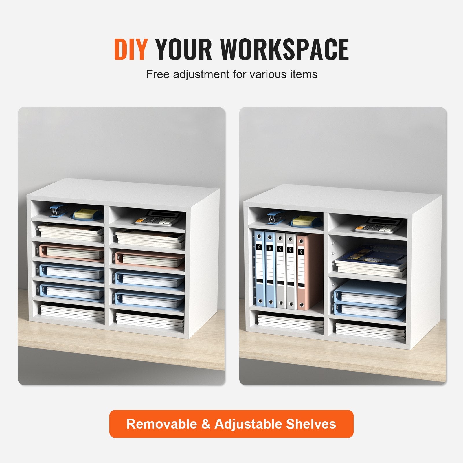 Wood Literature Organizer Adjustable File Sorter 12 Compartments White V952-MZWJZLFPJBH12EW2MV0