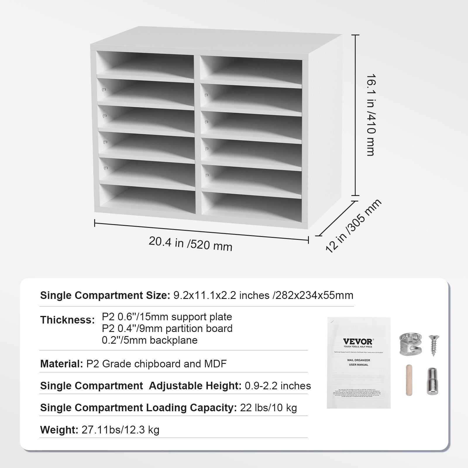 Wood Literature Organizer Adjustable File Sorter 12 Compartments White V952-MZWJZLFPJBH12EW2MV0