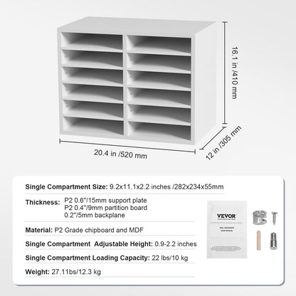 Wood Literature Organizer Adjustable File Sorter 12 Compartments White V952-MZWJZLFPJBH12EW2MV0