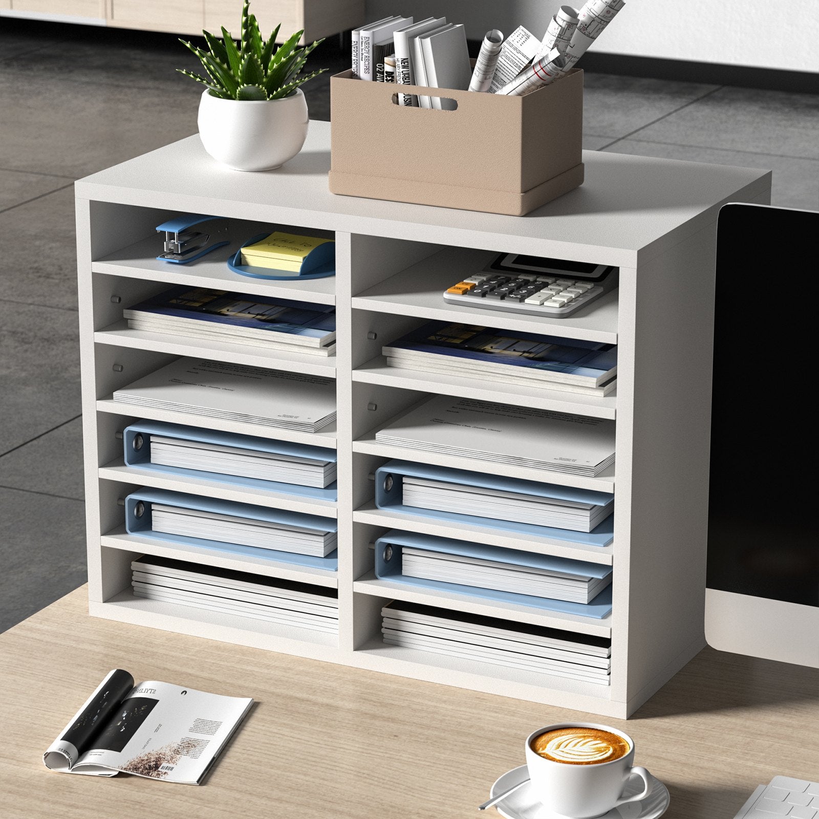 Wood Literature Organizer Adjustable File Sorter 12 Compartments White V952-MZWJZLFPJBH12EW2MV0