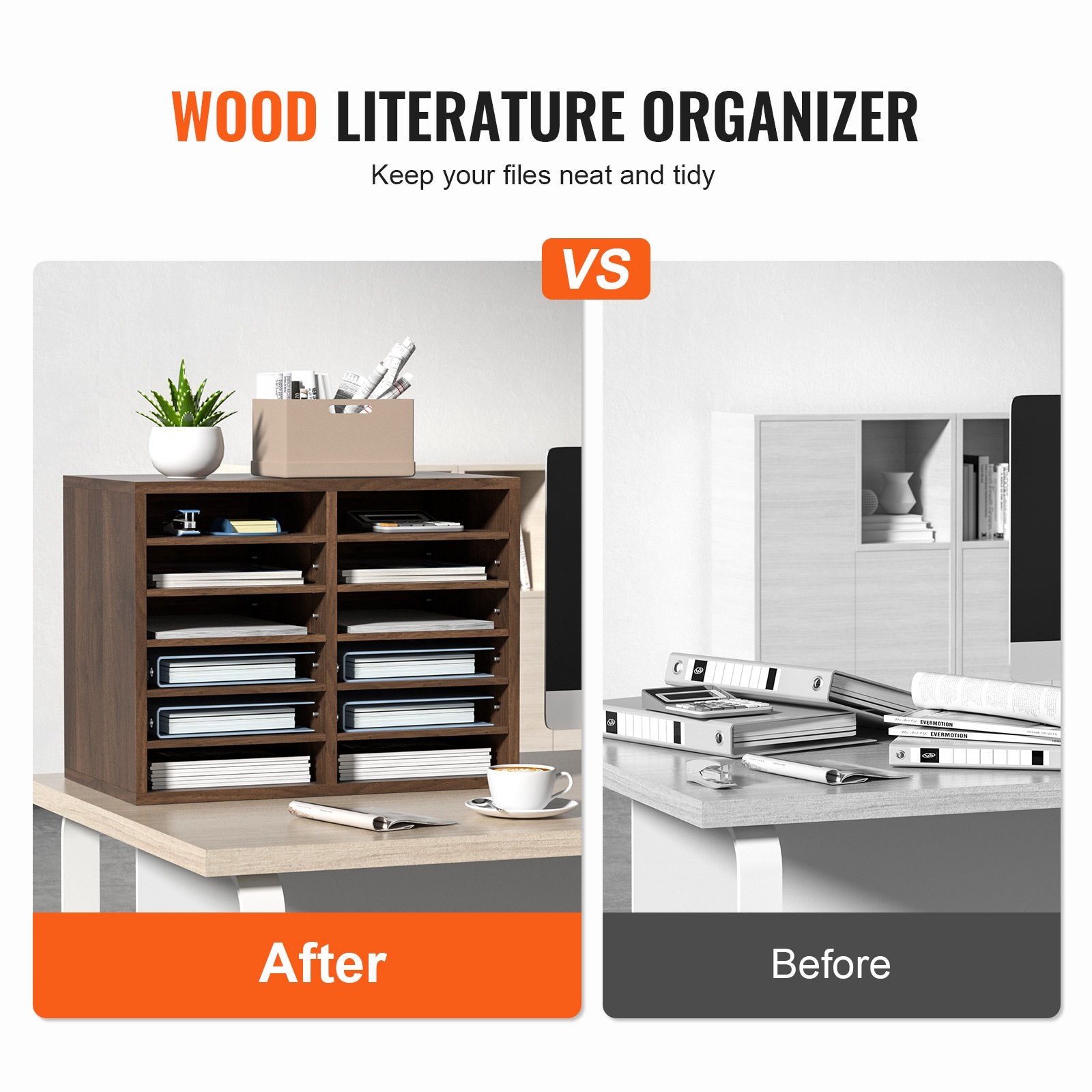 Wood Literature Organizer Adjustable File Sorter 12 Compartments Brown V952-MZWJZLFPJBH12X5B4V0