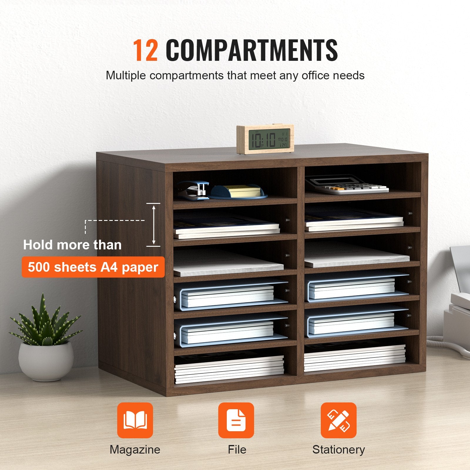 Wood Literature Organizer Adjustable File Sorter 12 Compartments Brown V952-MZWJZLFPJBH12X5B4V0