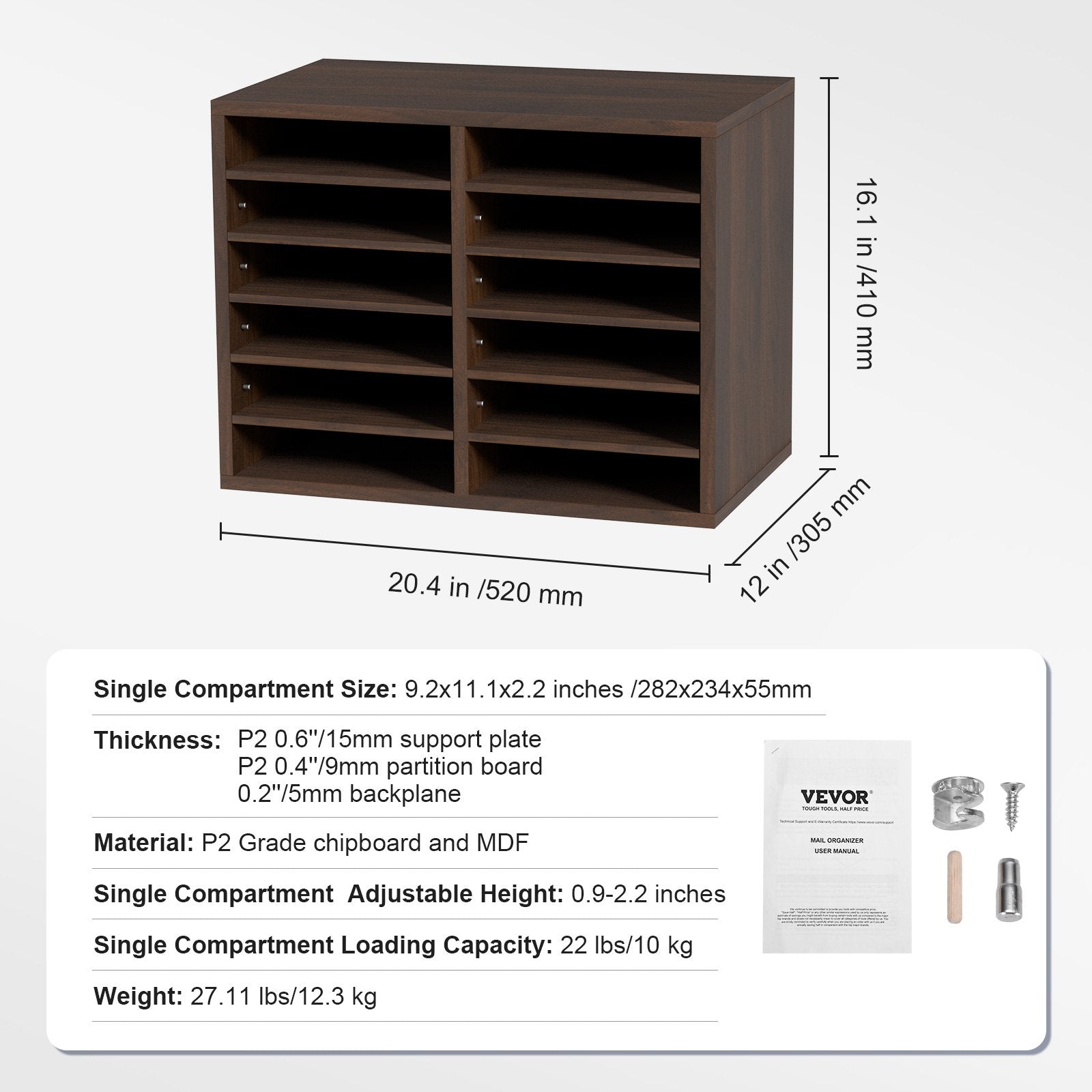 Wood Literature Organizer Adjustable File Sorter 12 Compartments Brown V952-MZWJZLFPJBH12X5B4V0