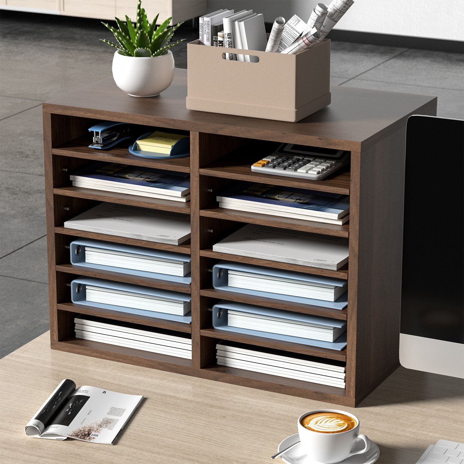 Wood Literature Organizer Adjustable File Sorter 12 Compartments Brown V952-MZWJZLFPJBH12X5B4V0