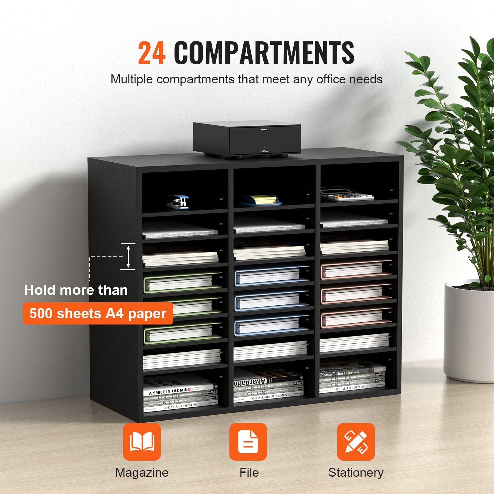 Wood Literature Organizer Adjustable File Sorter 24 Compartments Black V952-MZWJZLFPJBH243C54V0