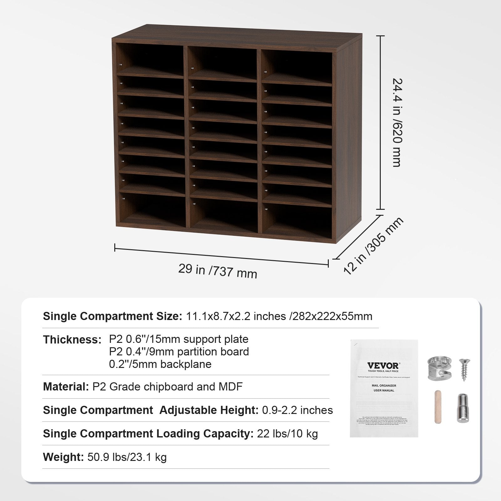 Wood Literature Organizer Adjustable File Sorter 24 Compartments Brown V952-MZWJZLFPJBH24D1RVV0