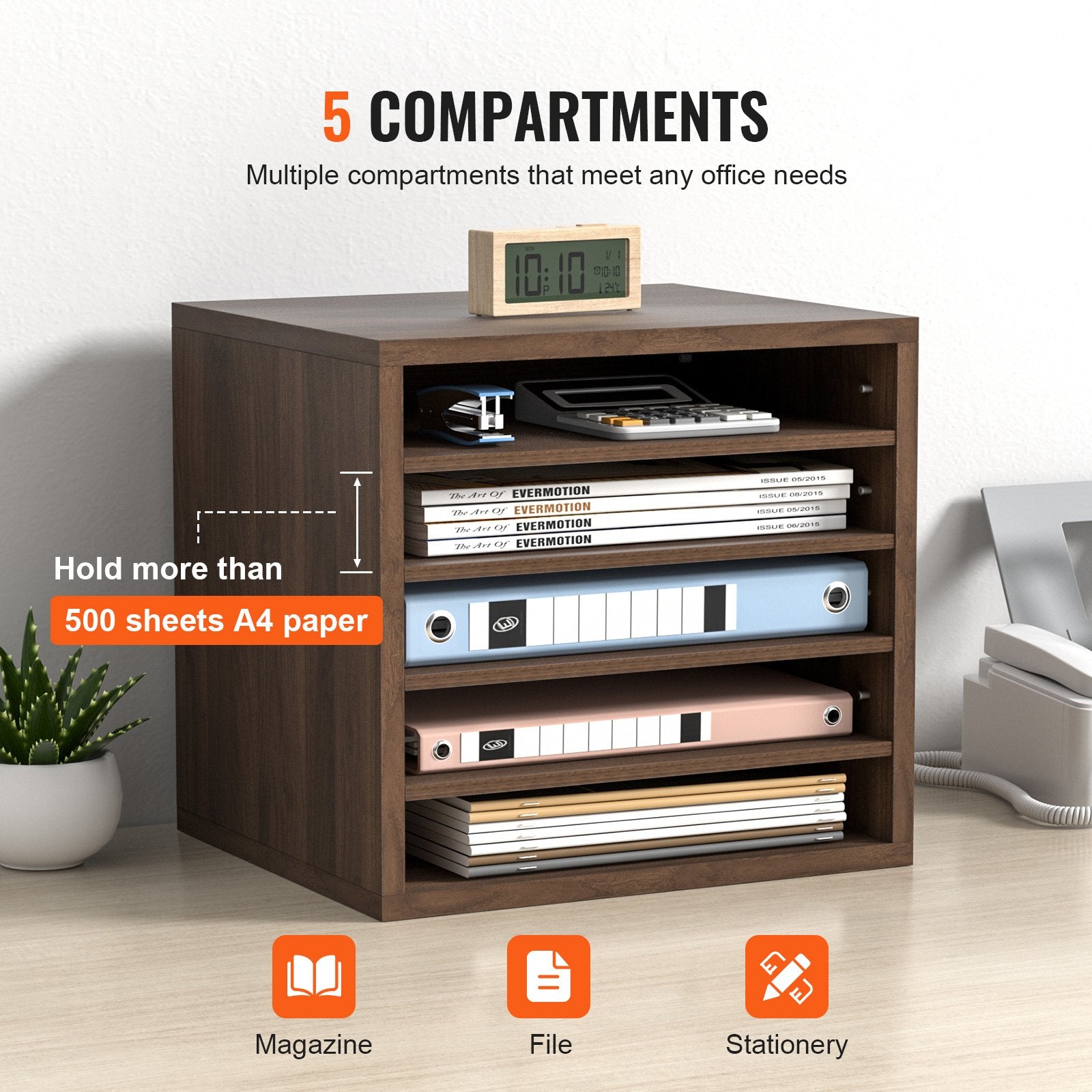Wood Literature Organizer Adjustable File Sorter 5 Compartments Brown V952-MZWJZLFPJBHB5IQZ7V0