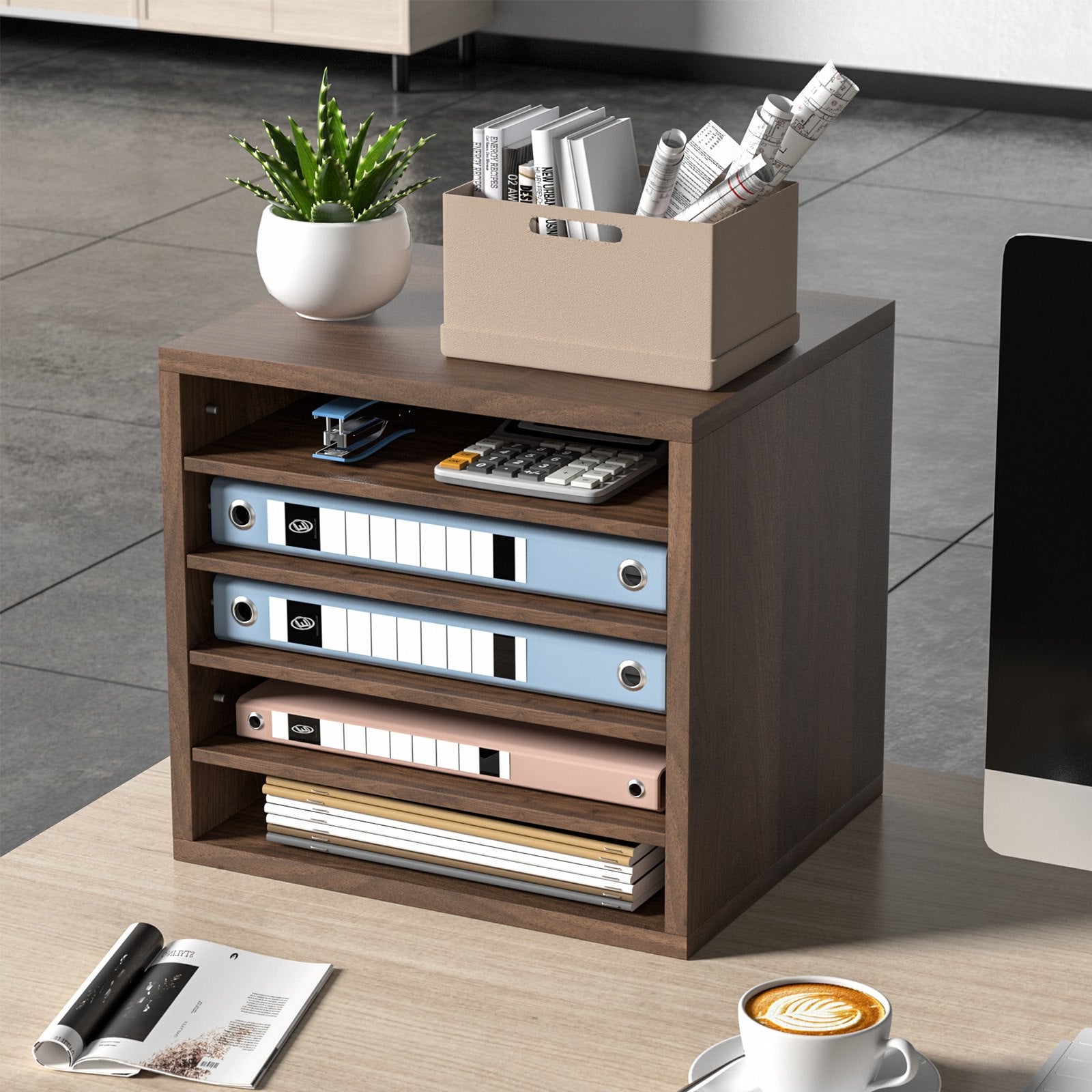 Wood Literature Organizer Adjustable File Sorter 5 Compartments Brown V952-MZWJZLFPJBHB5IQZ7V0