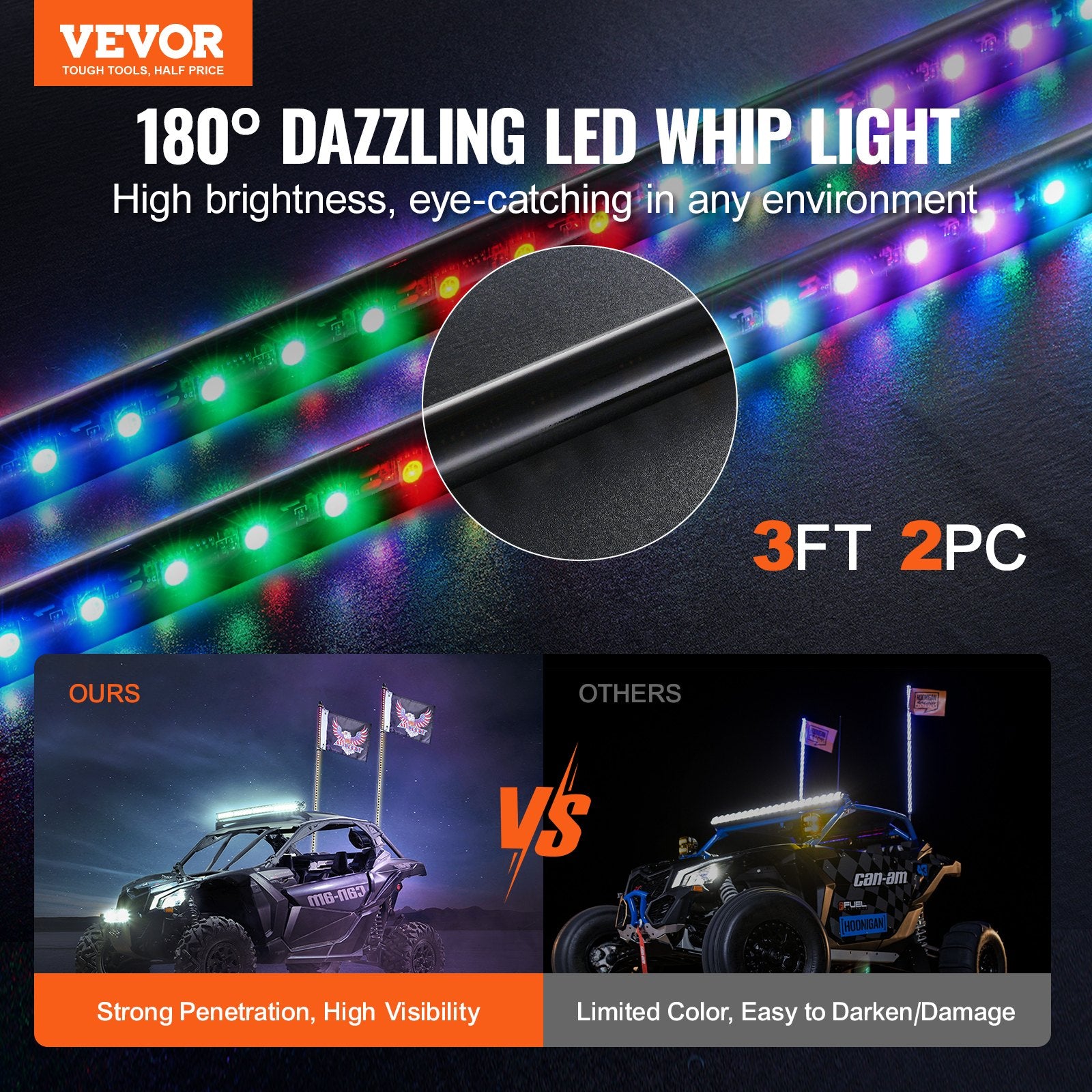 2 PCS 3 FT Whip Light, APP & RF Remote Control Led Whip Light, Waterproof RGB Chasing Lighted Whips with 4 V952-NBKJPPTDZ3YC08D12V9