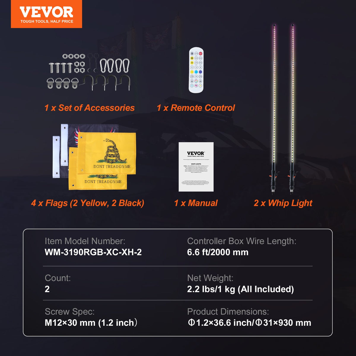 2 PCS 3 FT Whip Light, APP & RF Remote Control Led Whip Light, Waterproof RGB Chasing Lighted Whips with 4 V952-NBKJPPTDZ3YC08D12V9