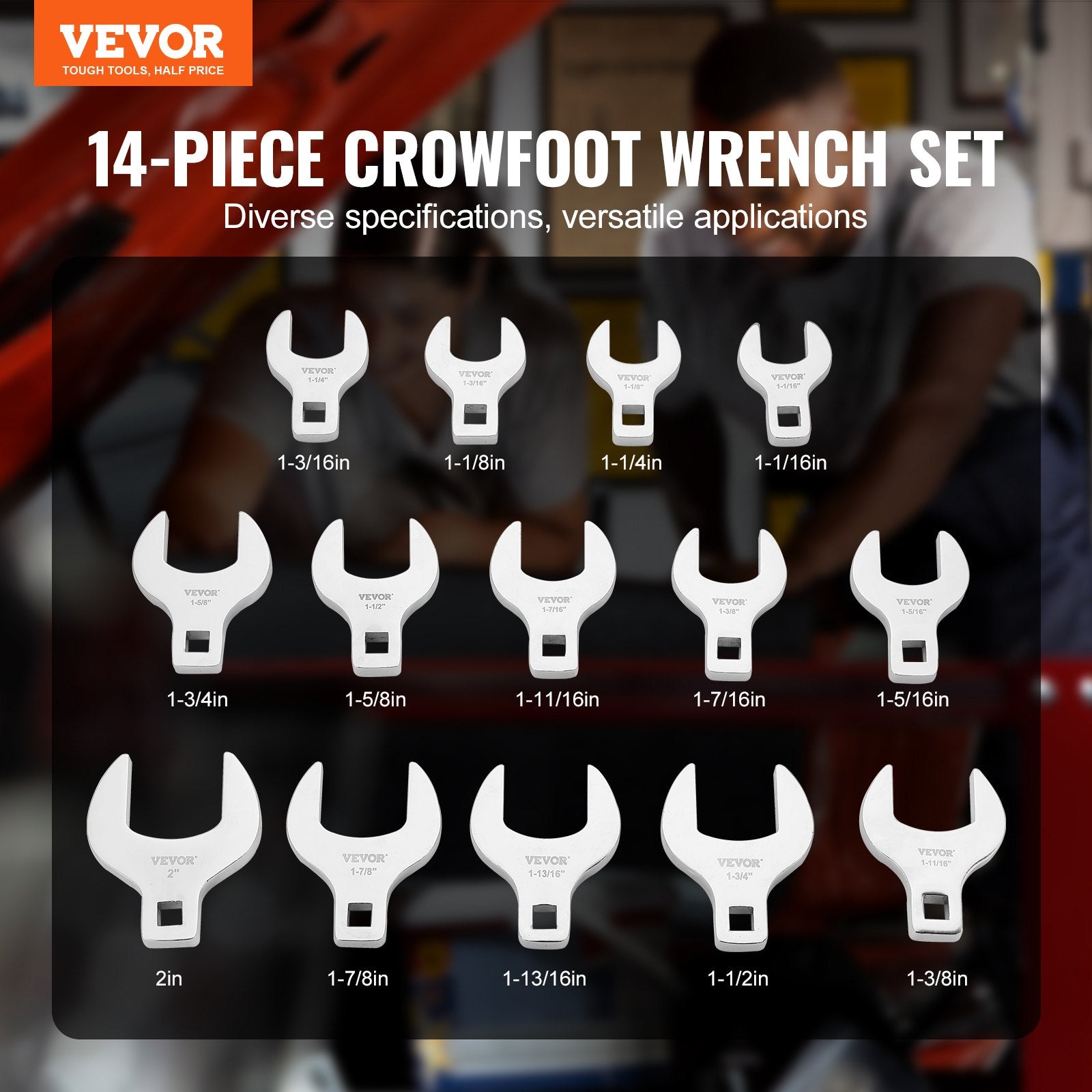 Crowfoot Wrench Set, 1/2" Drive 14-Piece SAE (1-1/16" - 2") Crows Foot Wrench Set with Storage Tray, 40CR V952-NJBSTZJT1214TFIT9V0