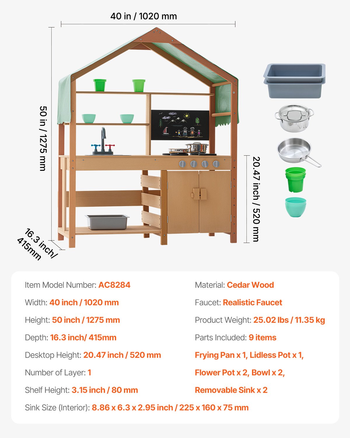 Wooden Mud Kitchen Outdoor Toy Play Kitchen Set for Kids Pretend Playset V952-NJCFTPK40INCI1U56V0