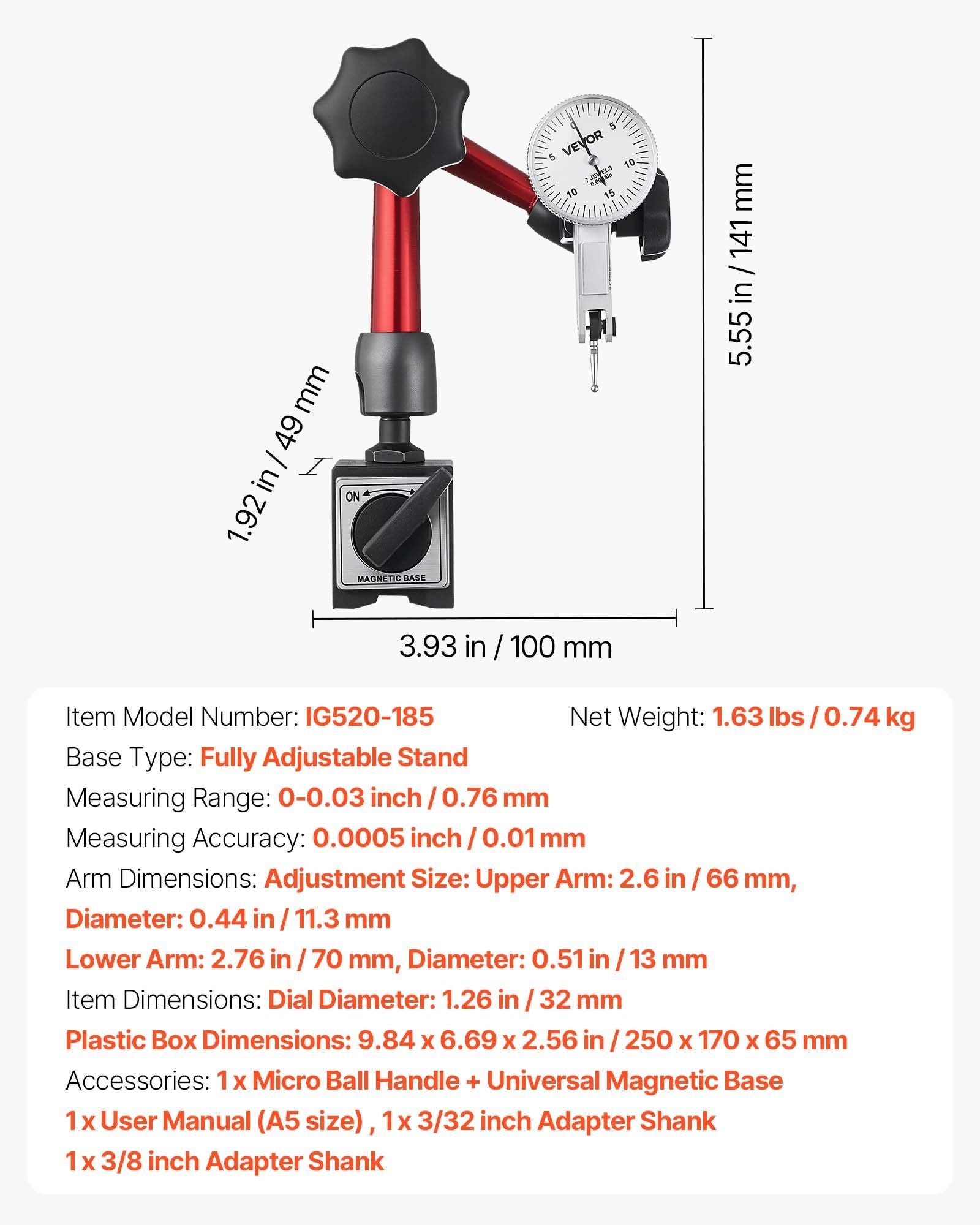 Dial Test Indicator with Universal Magnetic Base and Storage Case, 0.01 mm Accuracy, 0-0.76 mm Range, Micro V952-NJCLGJGGBFBWG49MA001V0