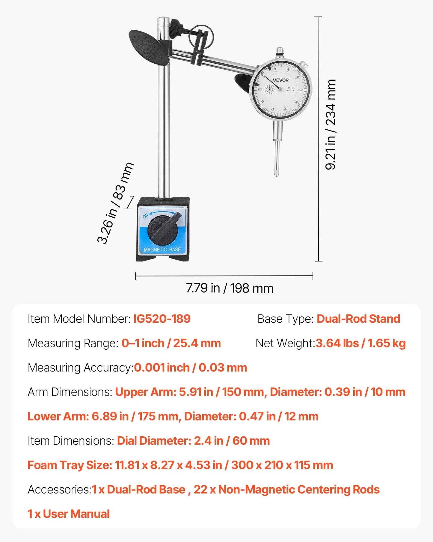 Dial Test Indicator with Dual Rod Stand and Storage Case, 0.03 mm Accuracy, 0-25.4mm Range, Fine Adjustable V952-NJCLGJGJDBFB3JPMJ001V0