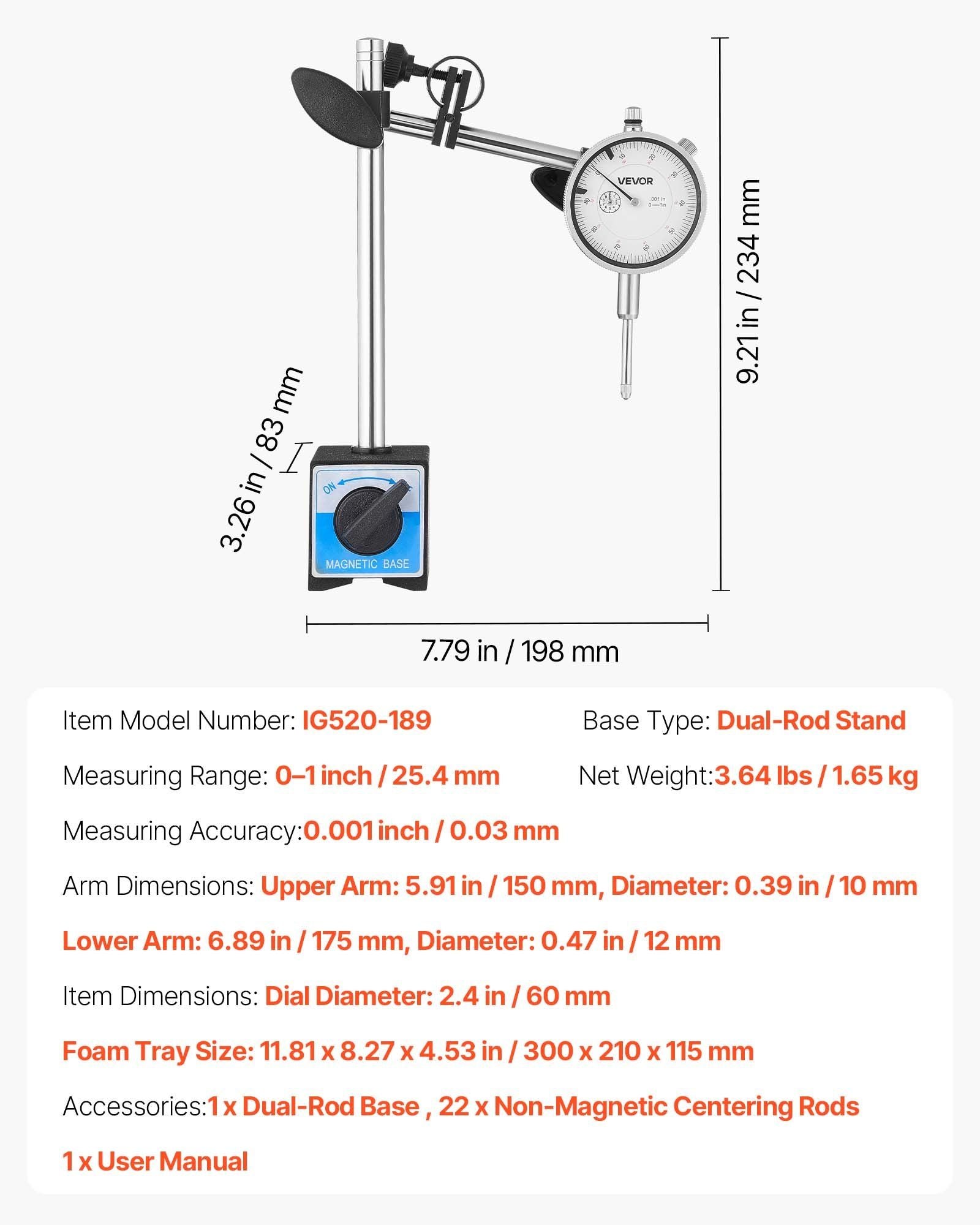 Dial Test Indicator with Dual Rod Stand and Storage Case, 0.03 mm Accuracy, 0-25.4mm Range, Fine Adjustable V952-NJCLGJGJDBFB3JPMJ001V0